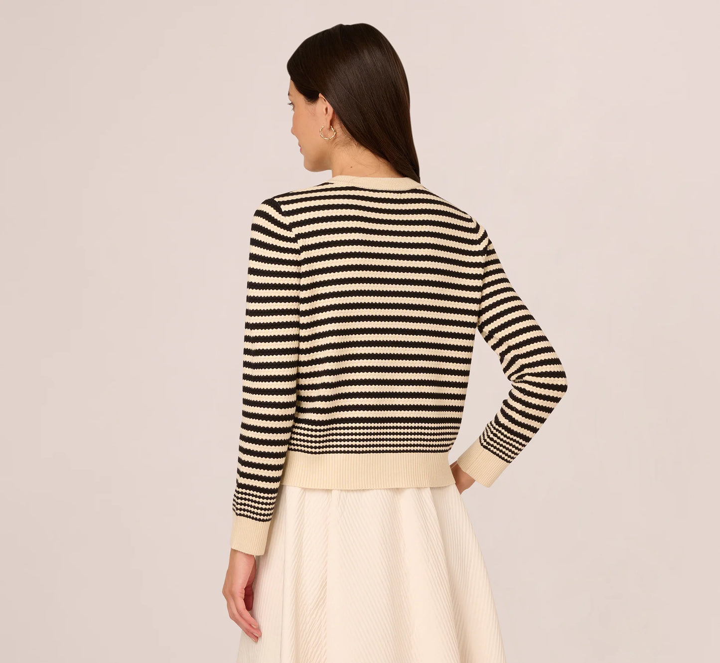 Crew Neck Button Front Striped Pointelle Cardigan Sweater In Cream Black