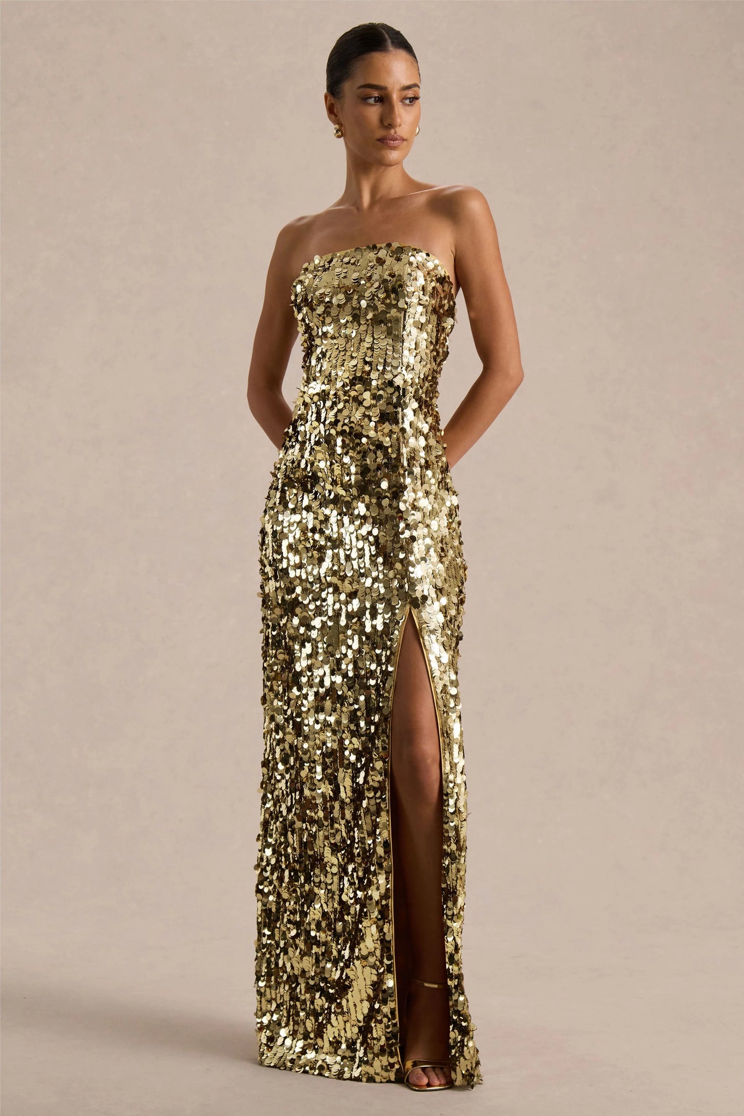 Nerea Gold Sequin Bandeau Maxi Dress With Front High-Split