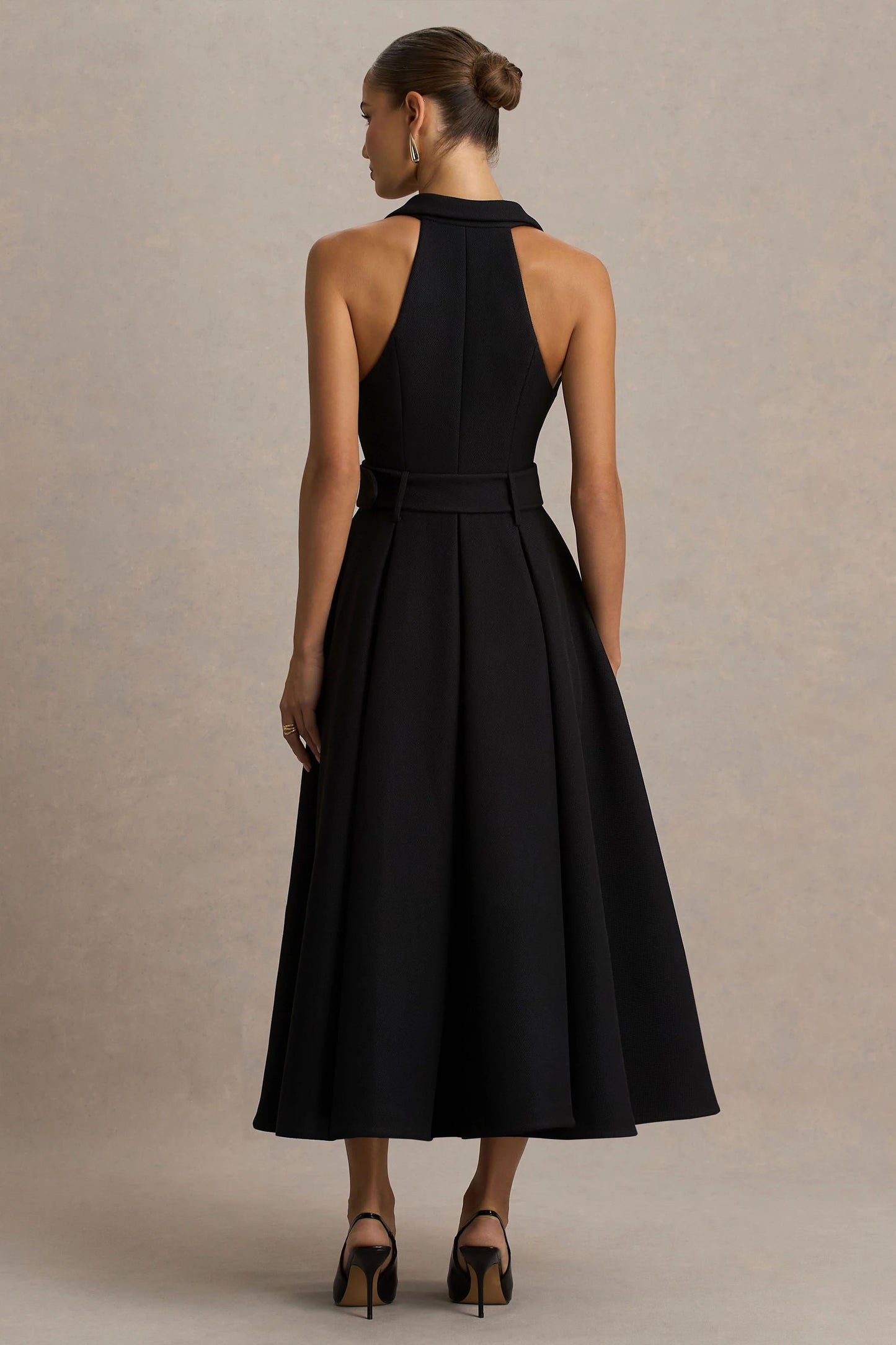 Alessa Black Plunge-Neck Tailored Midi Dress
