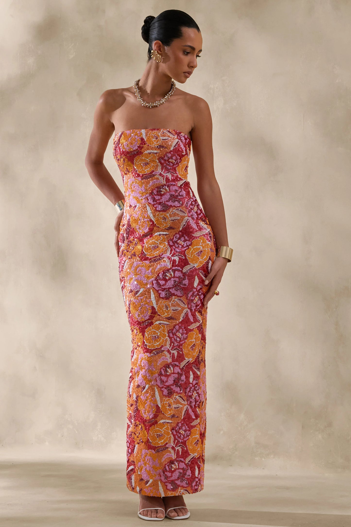 Mabel Orange Floral Sequin Bandeau-Neck Maxi Dress