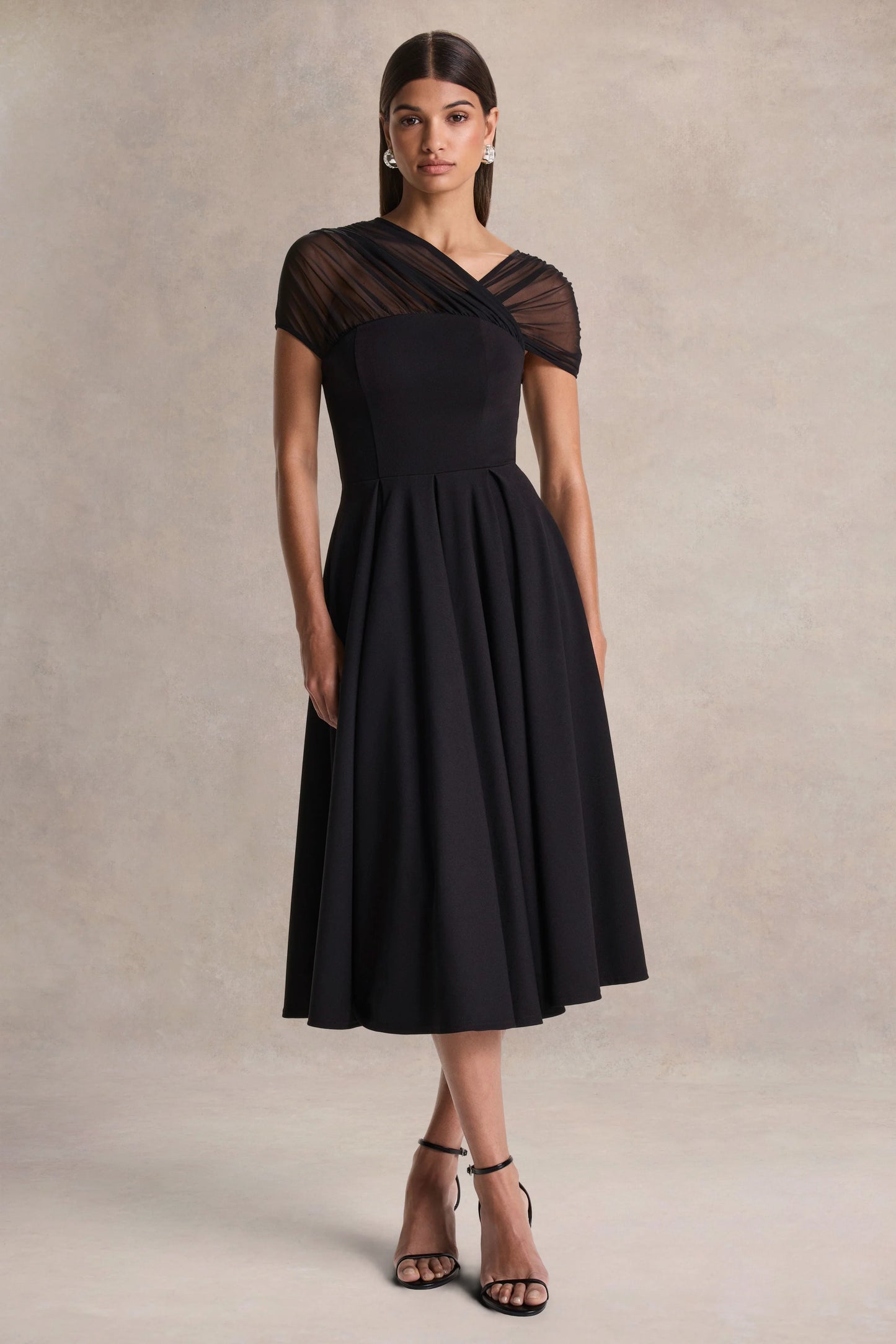 Rosette Black Asymmetric-Neck Midi Dress