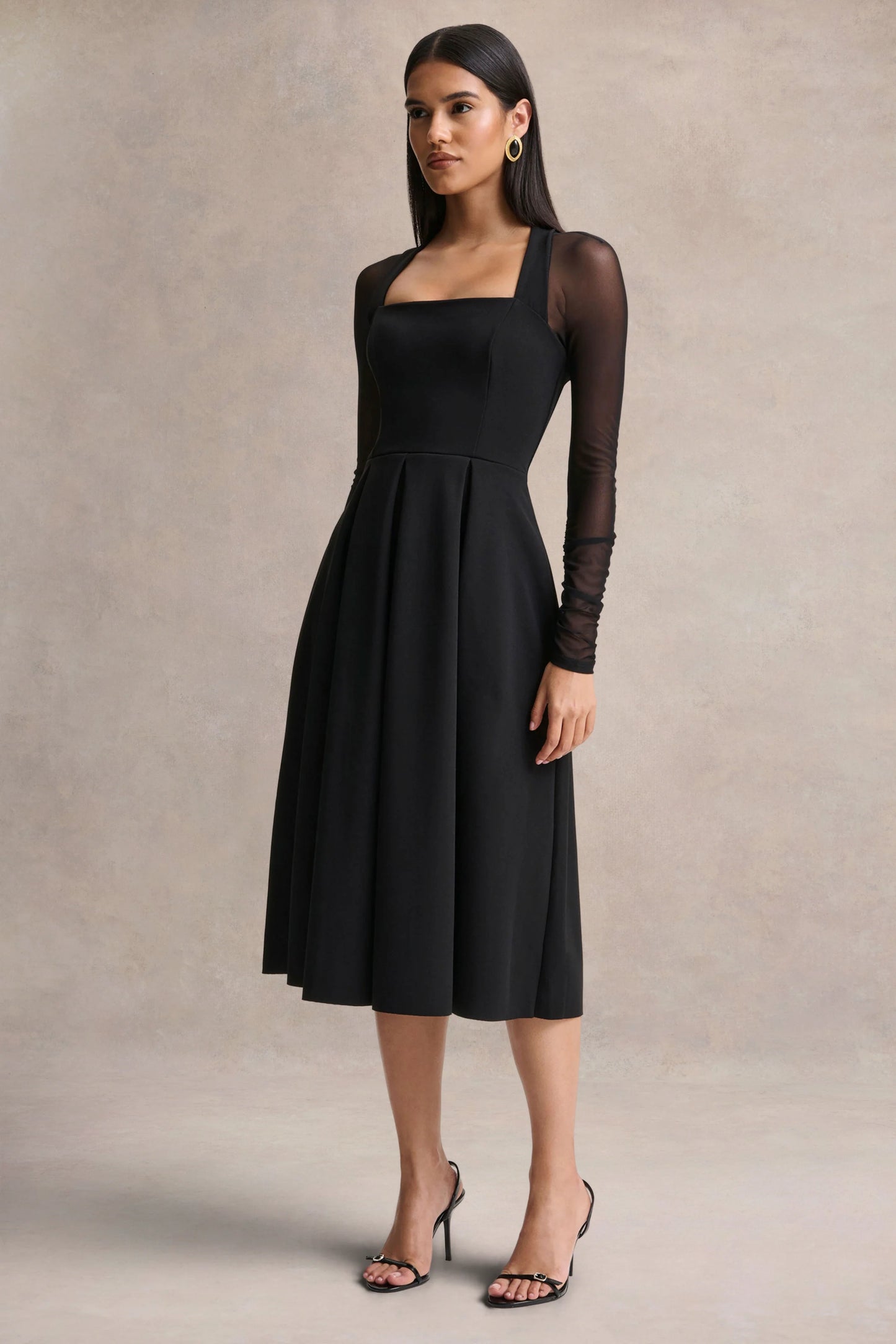 Melinda Black Square-Neck Midi Dress With Mesh Detailing