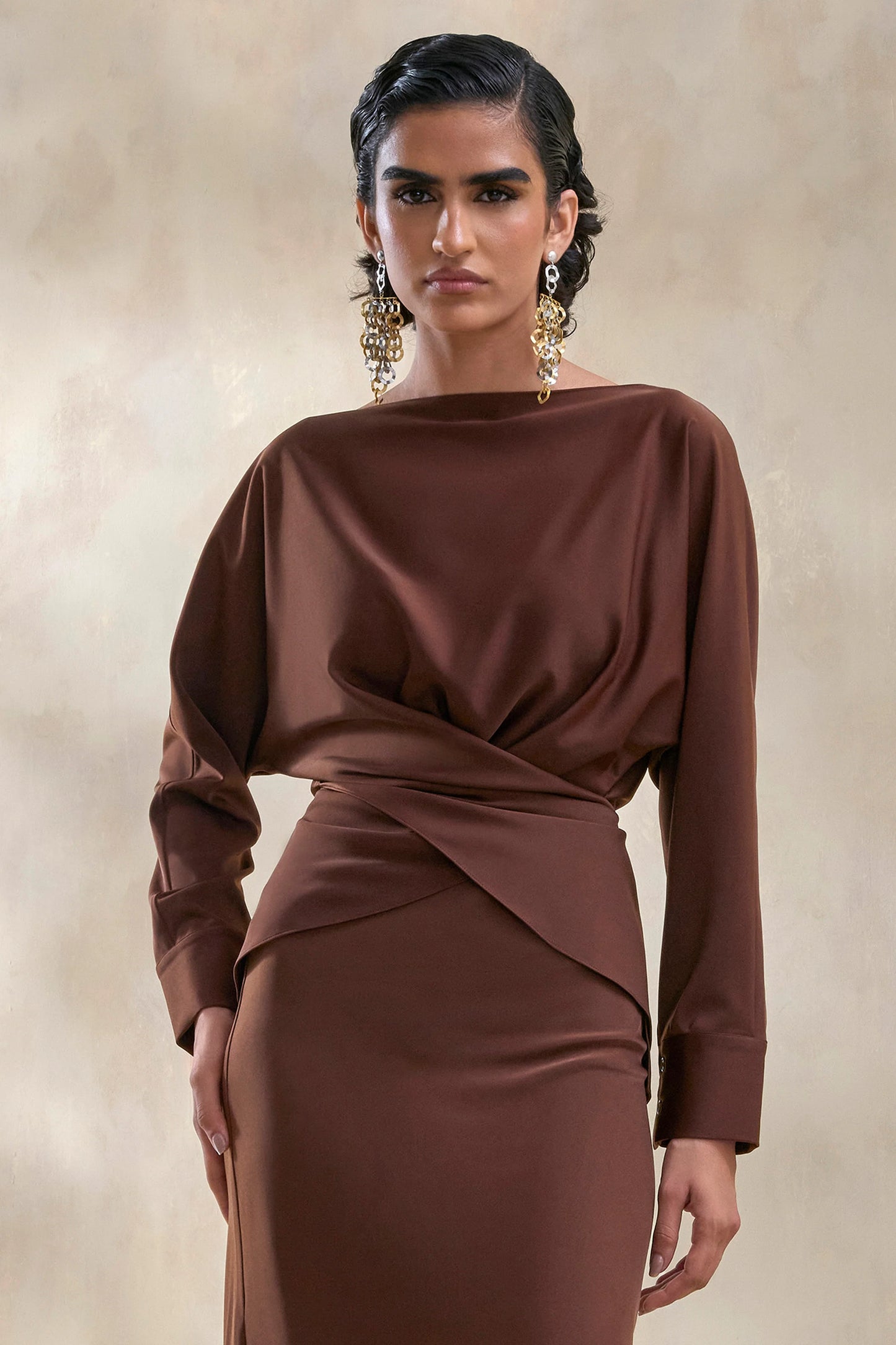 Miravia Brown Satin Wide-Neck Long-Sleeve Top