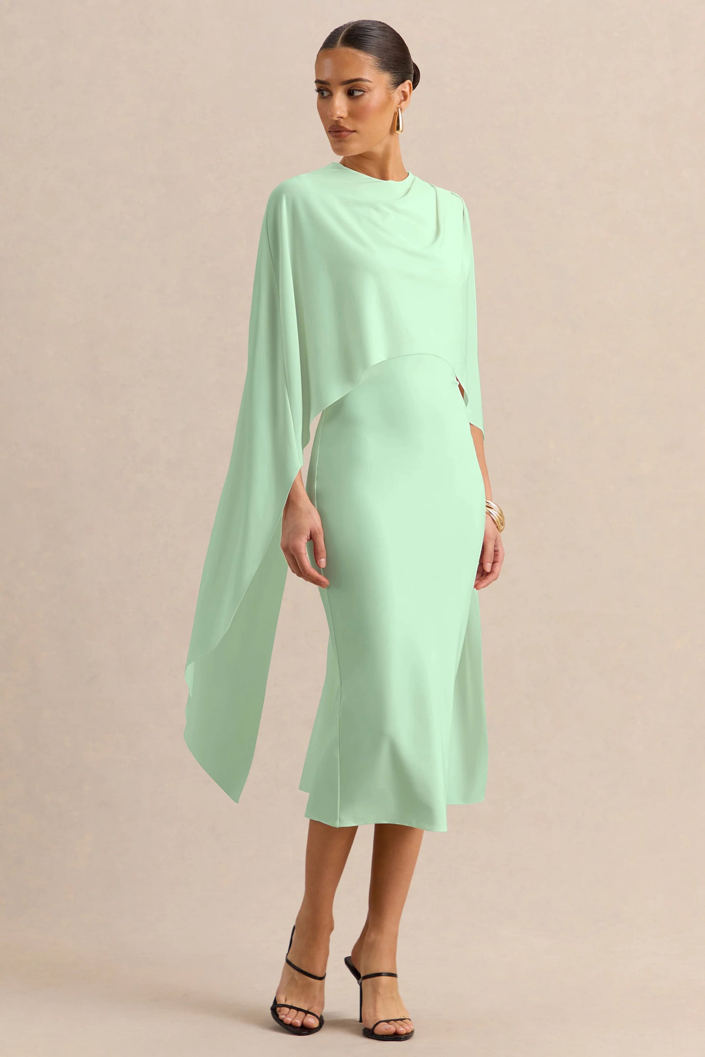 Luxalyn Green Round-Neck Midi Dress With Cape-Detail
