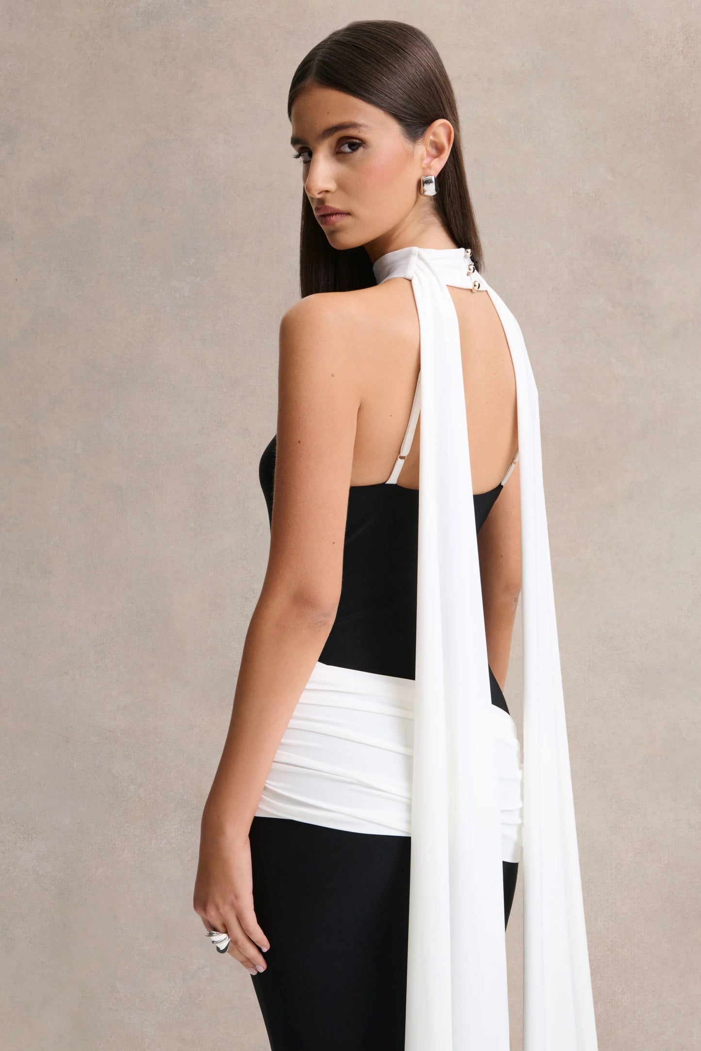 Dorinda Black And White High-Neck Maxi Dress With Drape And Scarf-Detail