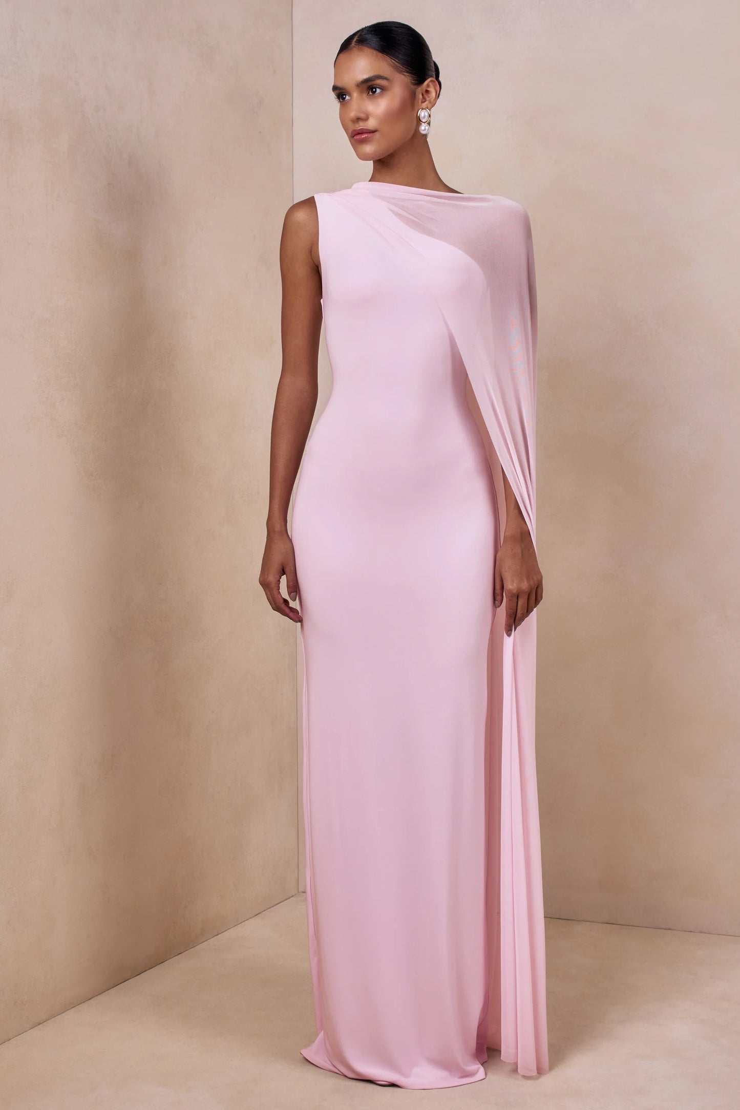 Mirelle Light Pink Boat-Neck Maxi Dress With Cape-Sleeve