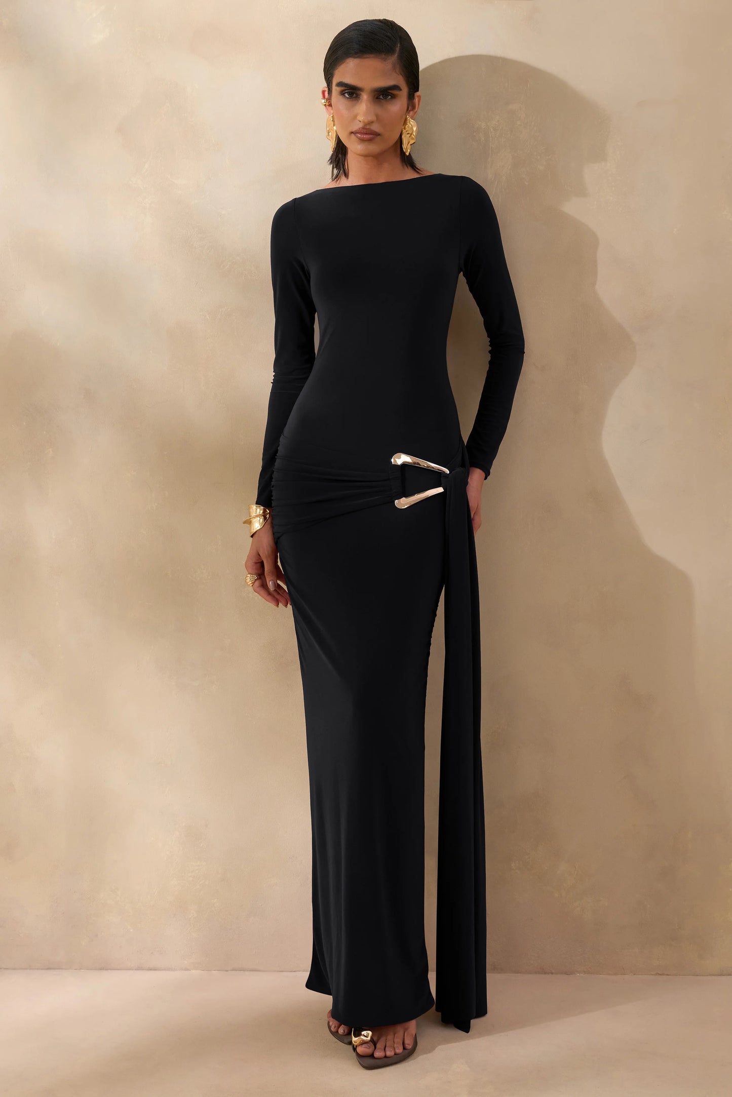 Astrielle Black Wide-Neck With Gold-Detail And Sash
