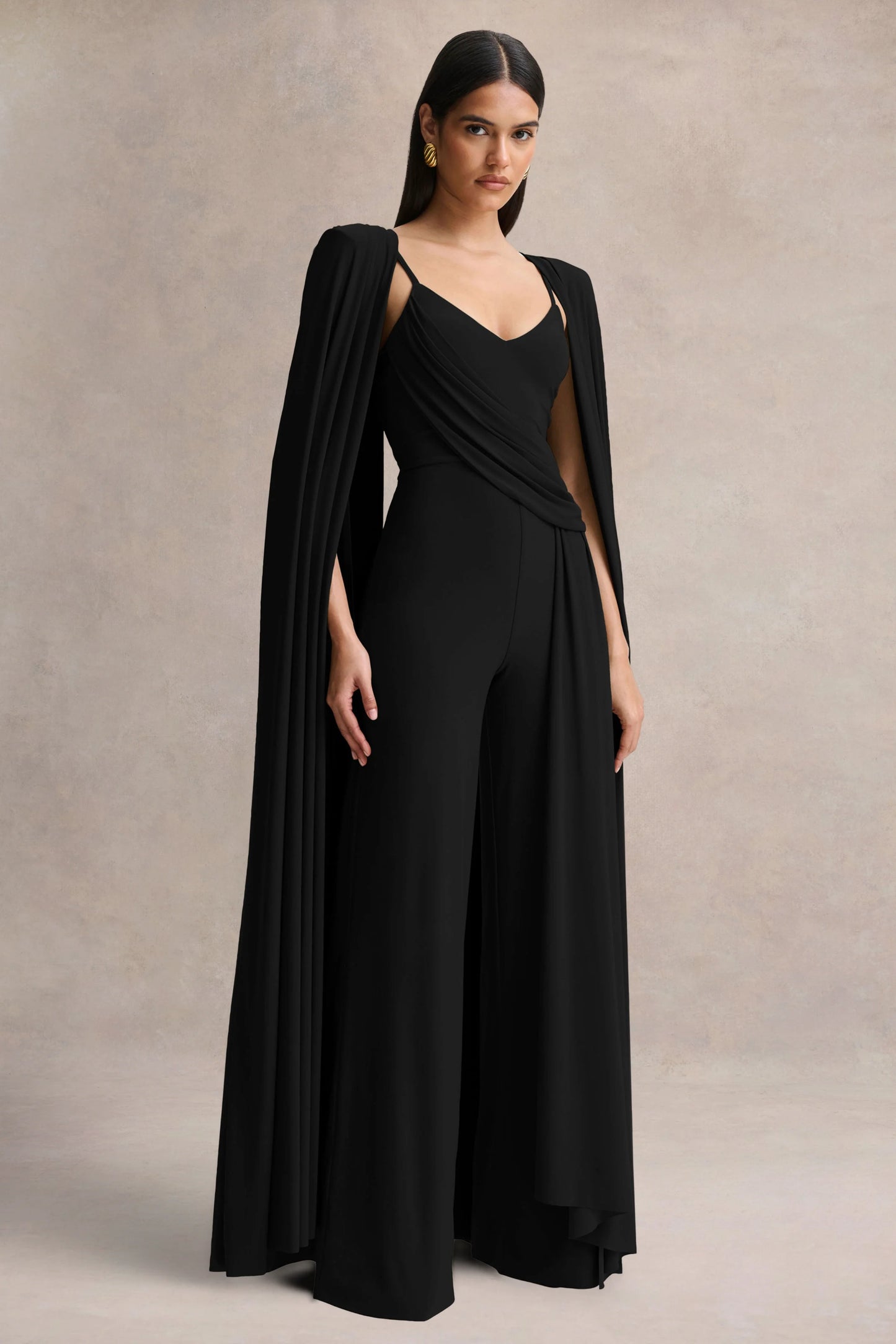 Labina Black Plunge-Neck Jumpsuit With Cape-Sleeves