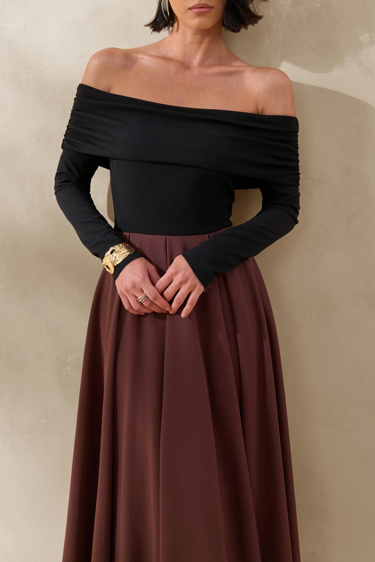 Frederica Black And Brown Bardot-Neck Midi Dress
