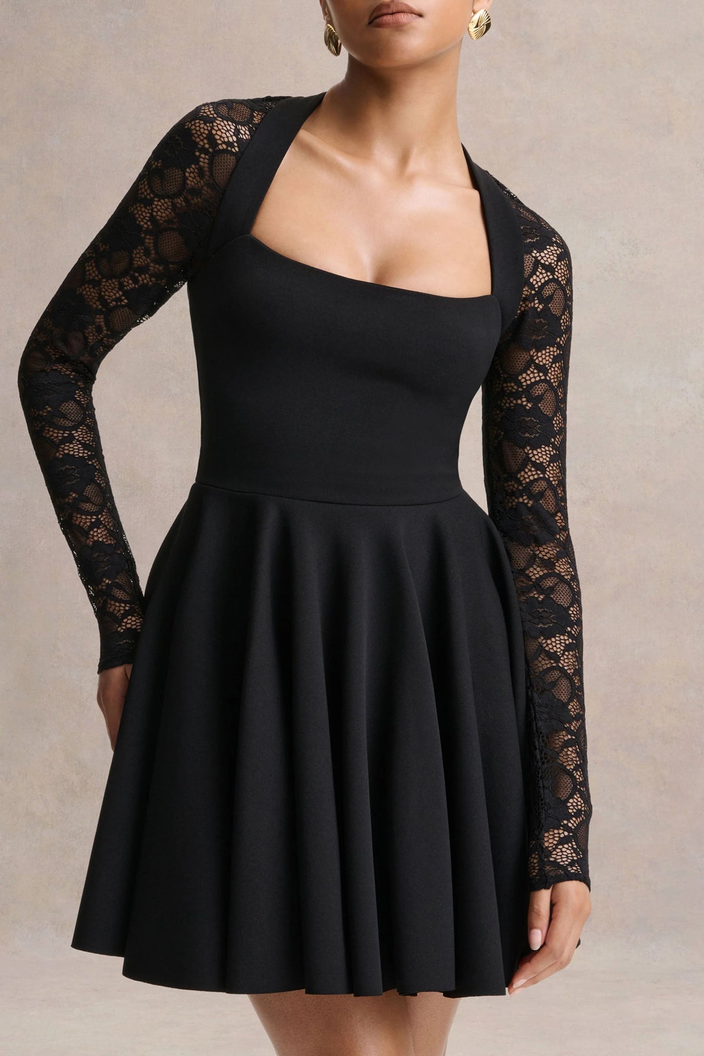 Elowen Black Square-Neck Mini Dress With Lace-Sleeves