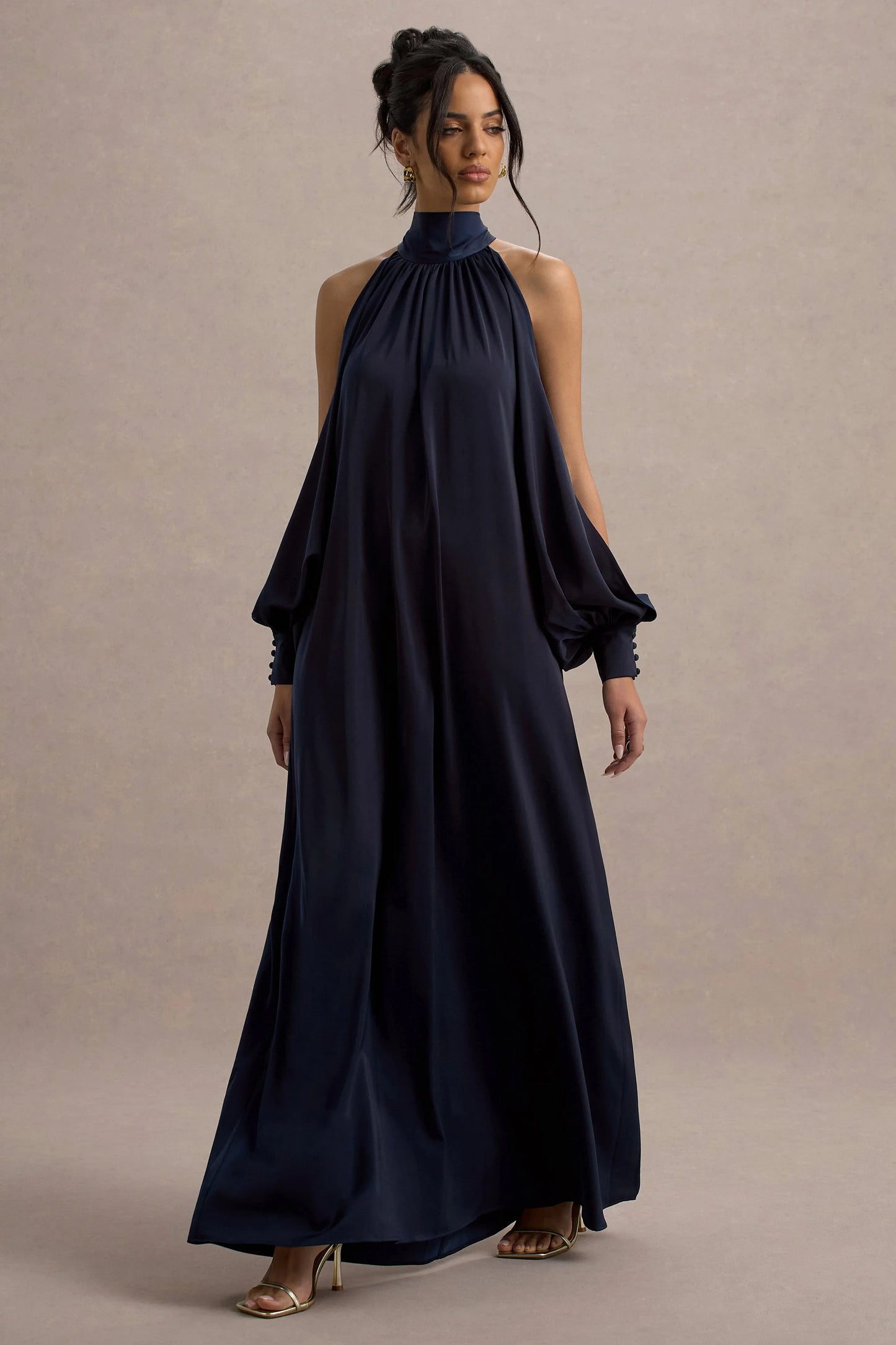 Baila Navy Satin High-Neck Cape-Sleeve Maxi Dress