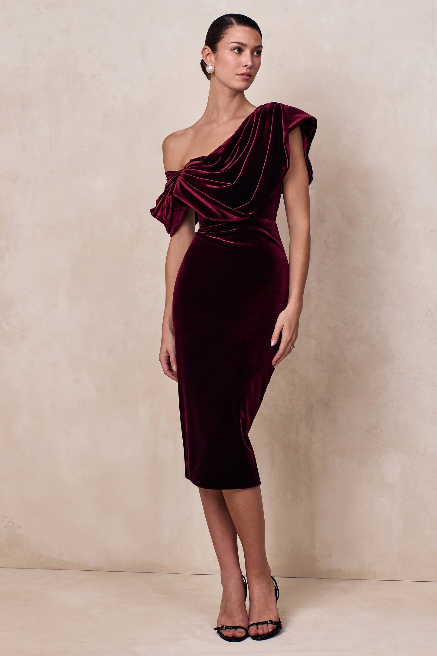 High End Burgundy Velvet Asymmetric-Neck Midi Dress With Draped Detailing