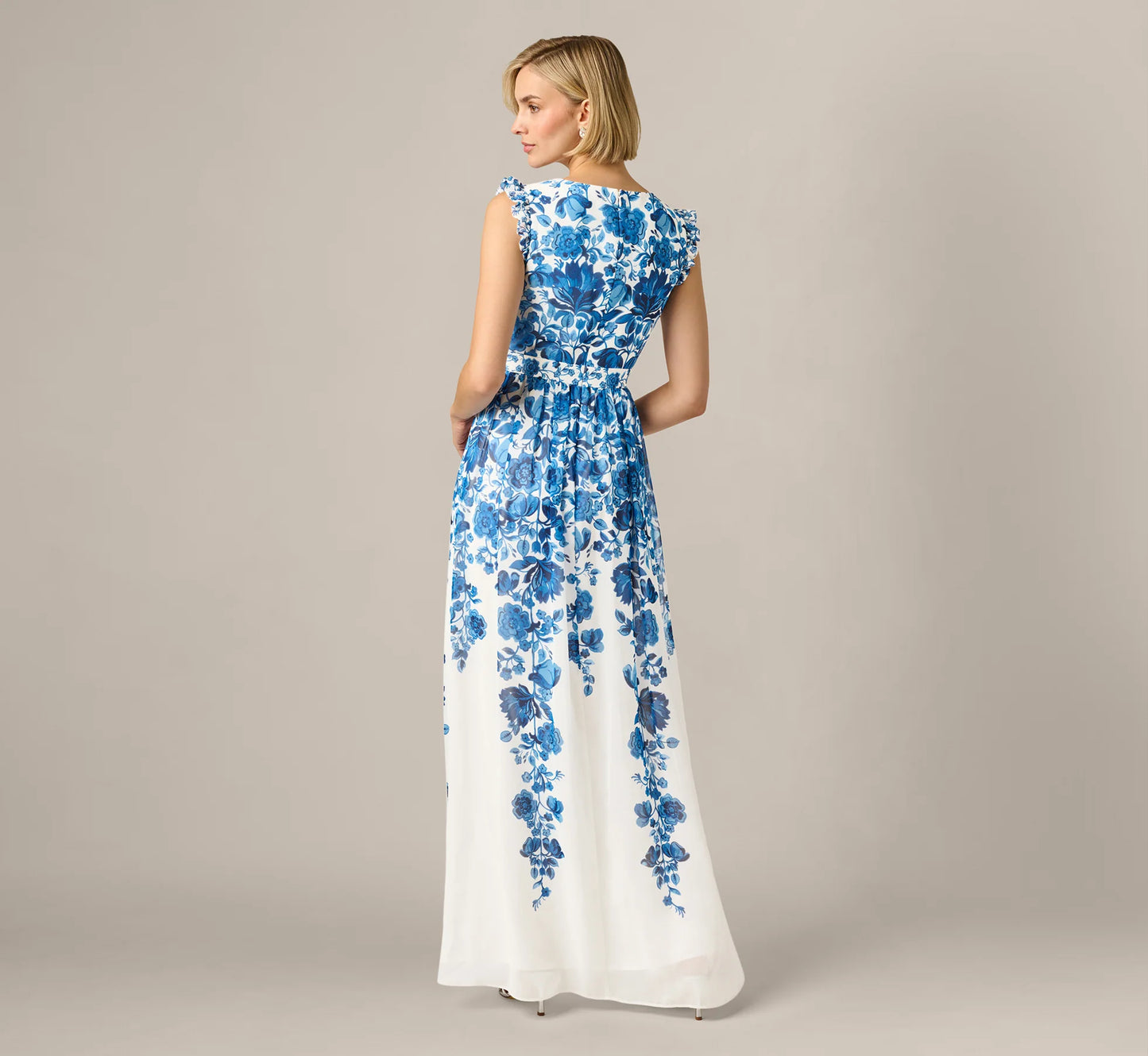 Chiffon Floral Vine Border Print Gown In Ivory Blue