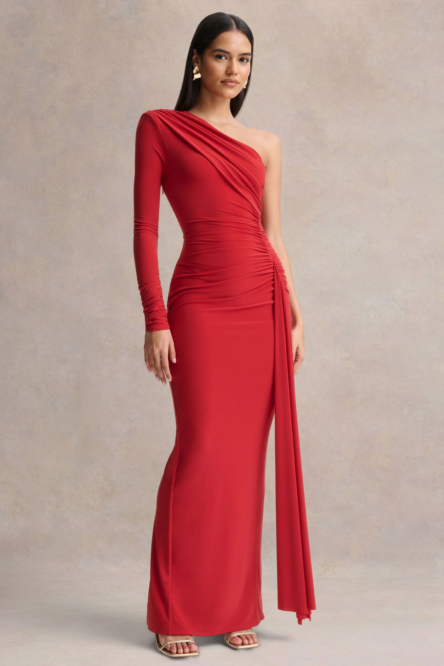 Anne Red Asymmetric-Neck Wrapped Maxi Dress With Sash