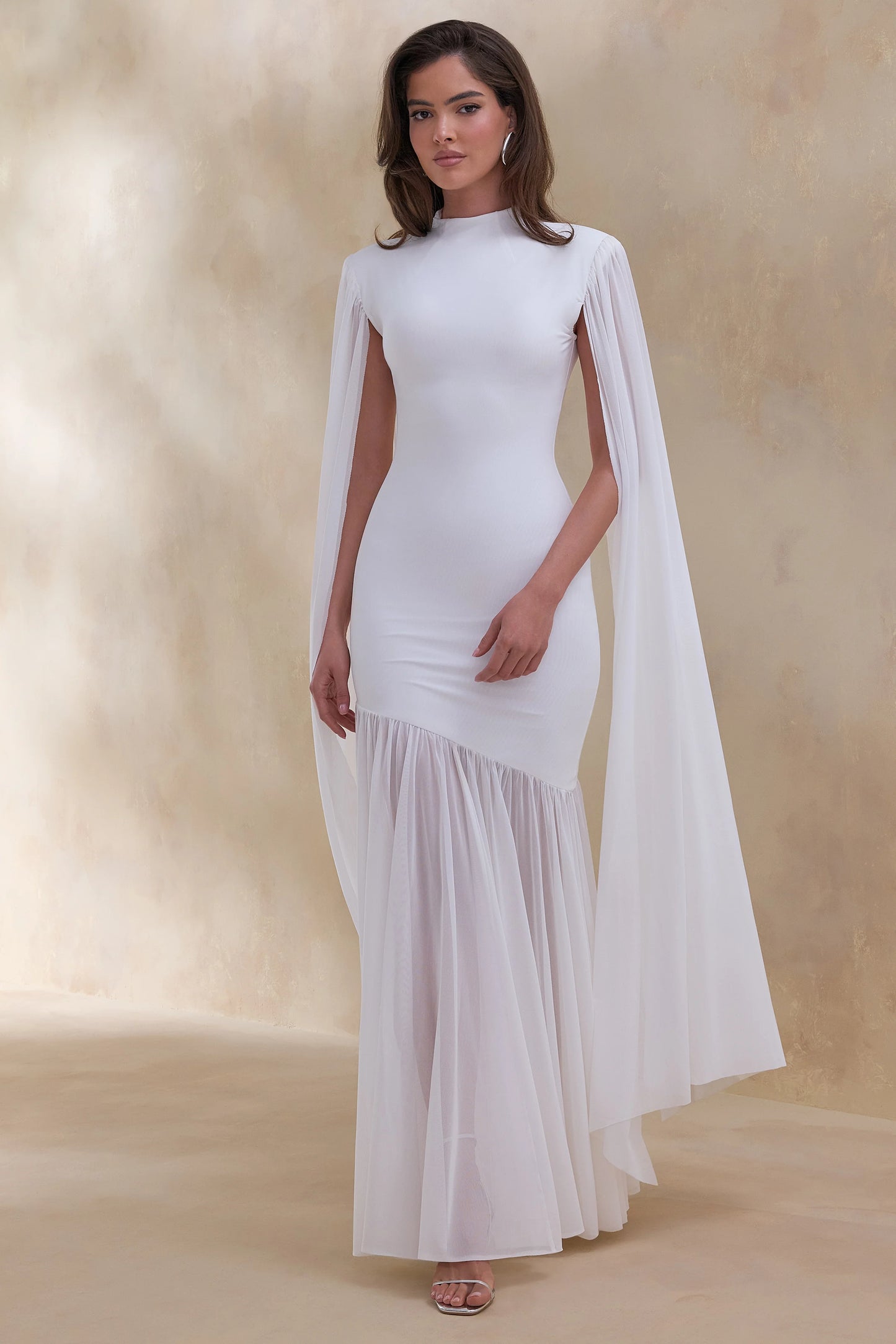 Chantelle White High-Neck Maxi Dress With Drop-Waist And Cape-Sleeves