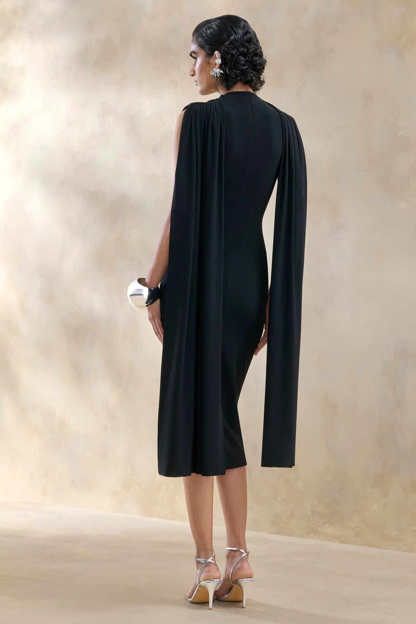 Lysandria Black High-Neck Midi Dress With Draped-Detailing