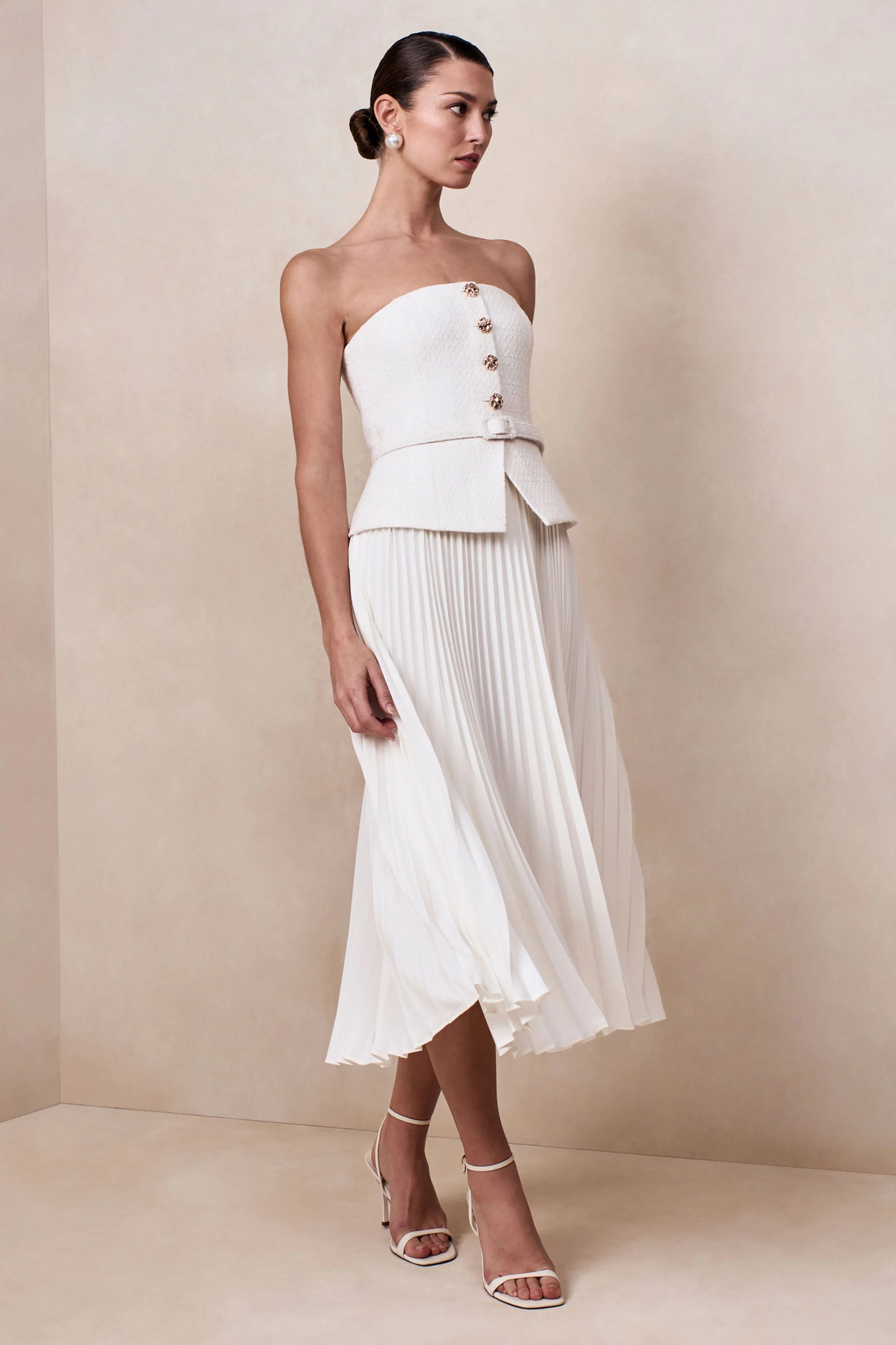 Lizzy Cream Square-Neck Midi Dress With Pleated-Skirt