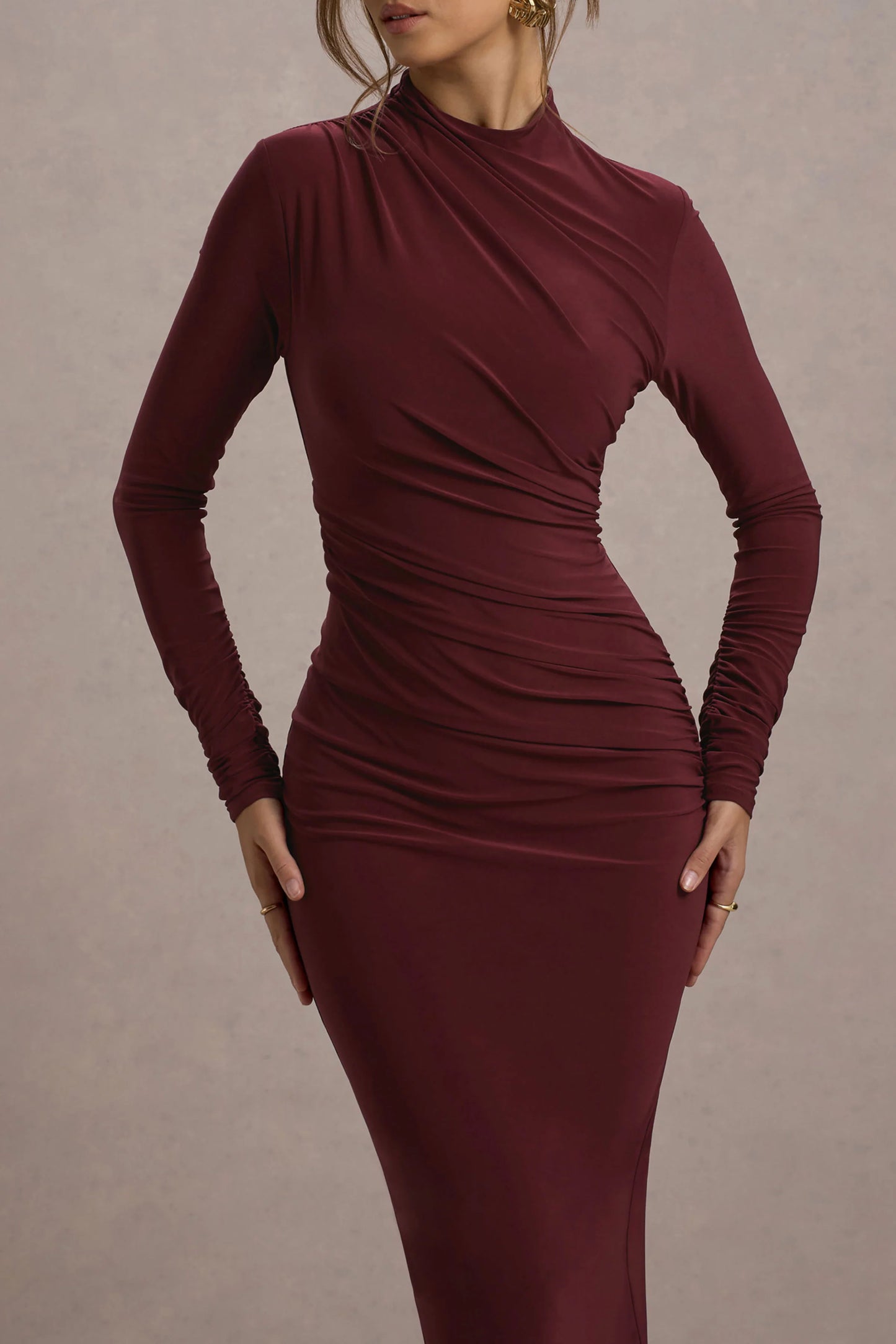 Hespera Port High-Neck Long-Sleeve Gathered Maxi Dress