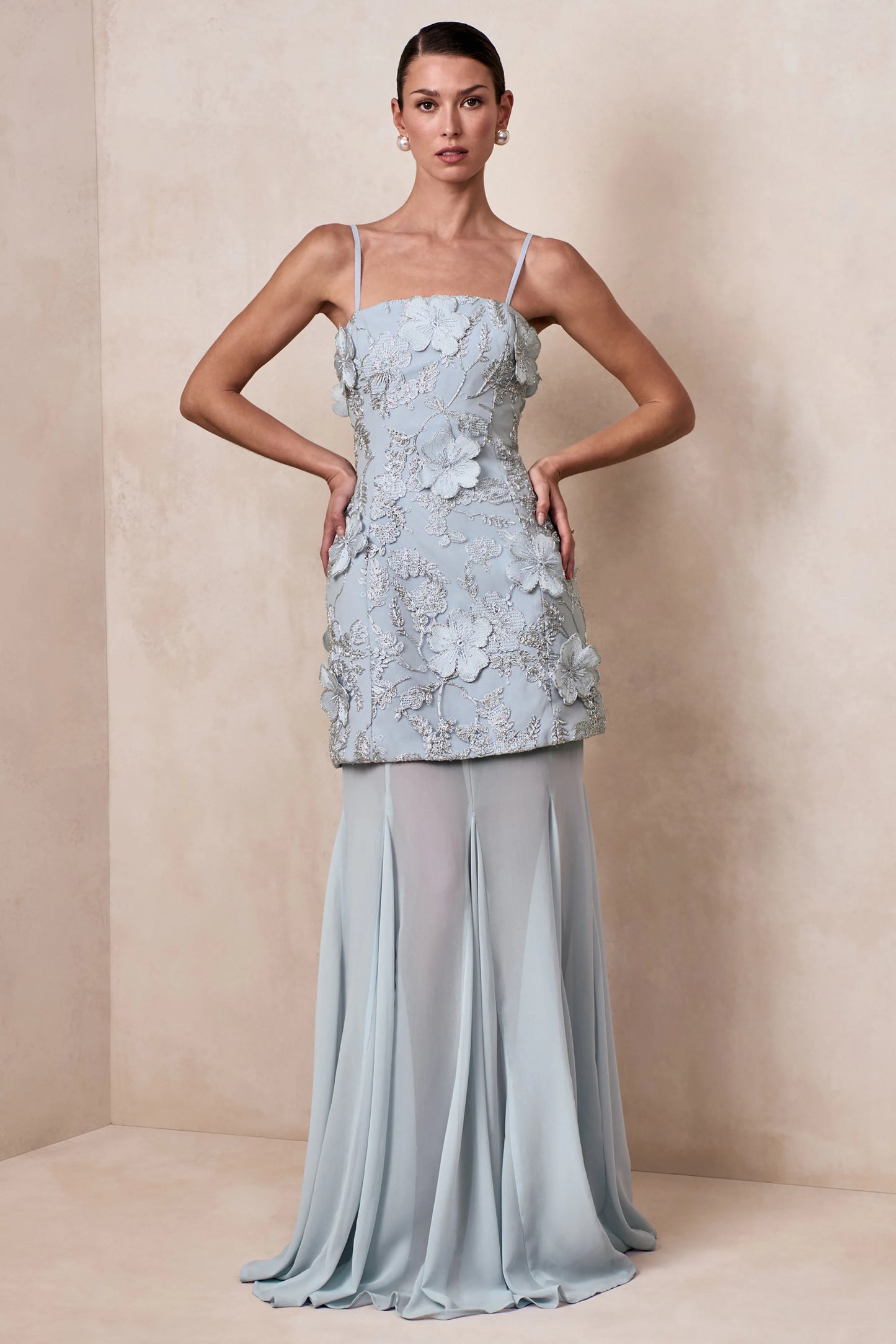 Nessa Light Blue 3D Floral Square-Neck Maxi Dress With Sheer Skirt