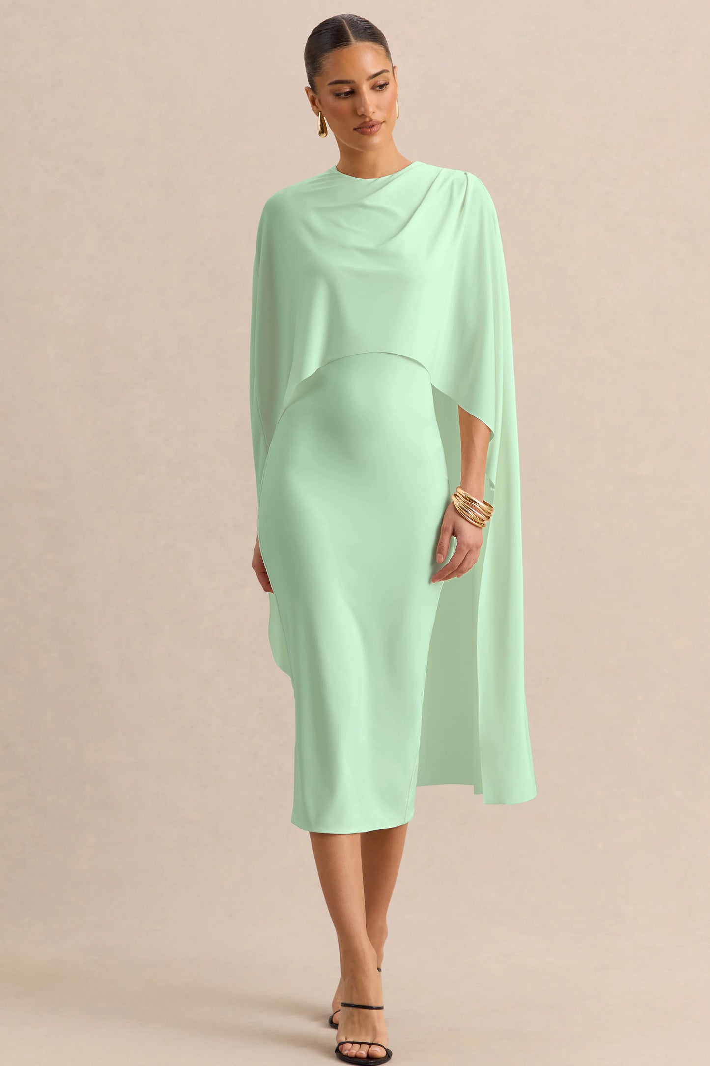 Luxalyn Green Round-Neck Midi Dress With Cape-Detail