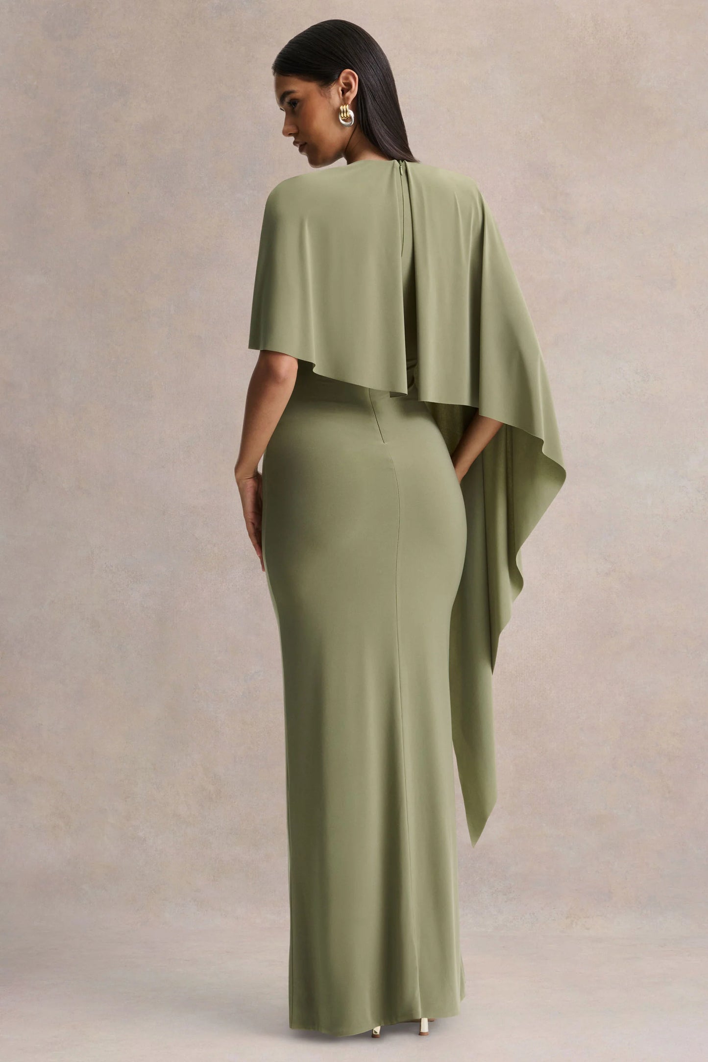 Ravena Olive Crew-Neck Maxi Dress With Asymmetric-Cape Sleeve