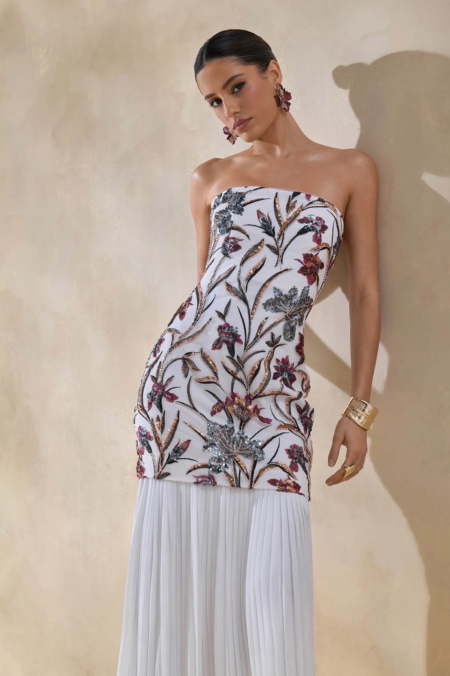 Denise Cream Sequin Floral Bandeau-Neck Embellished Maxi Dress With Drop-Waist And Mesh Skirt
