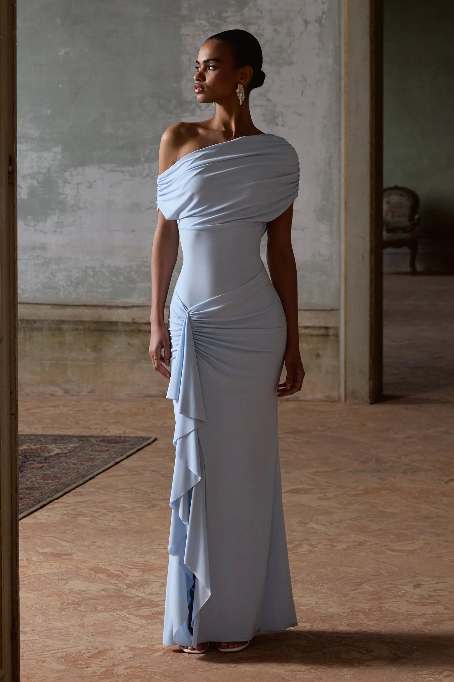 Siora Powder Blue Asymmetric-Neck Maxi Dress With Draped-Detailing