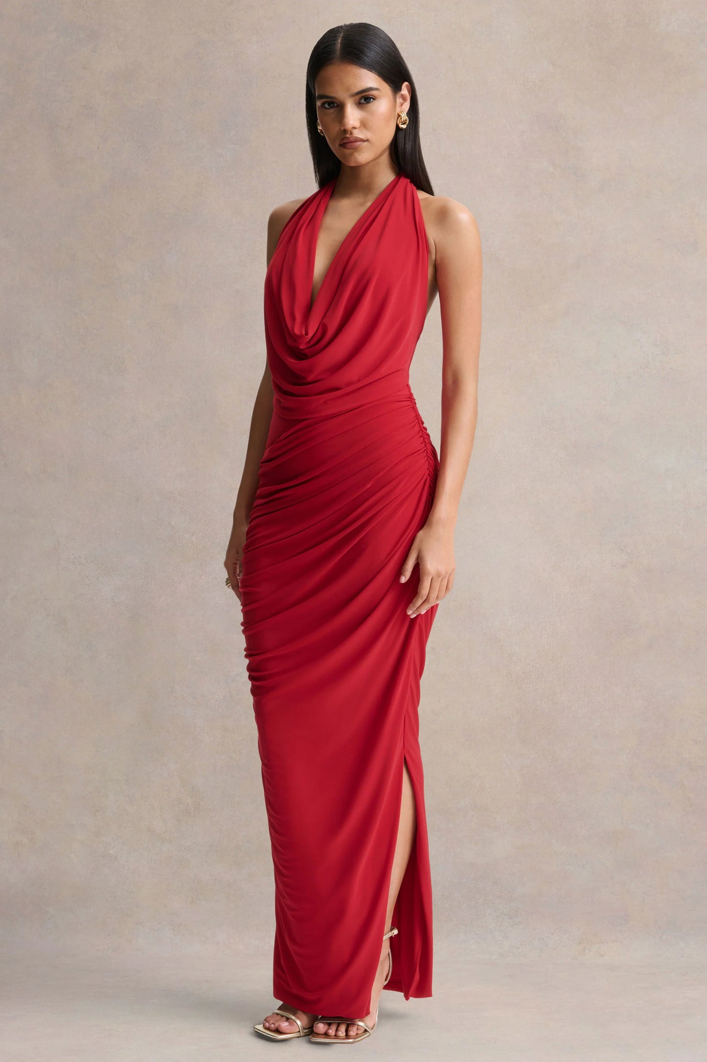 Cairo Red Cowl-Neck Maxi Dress With Gathered Detailing
