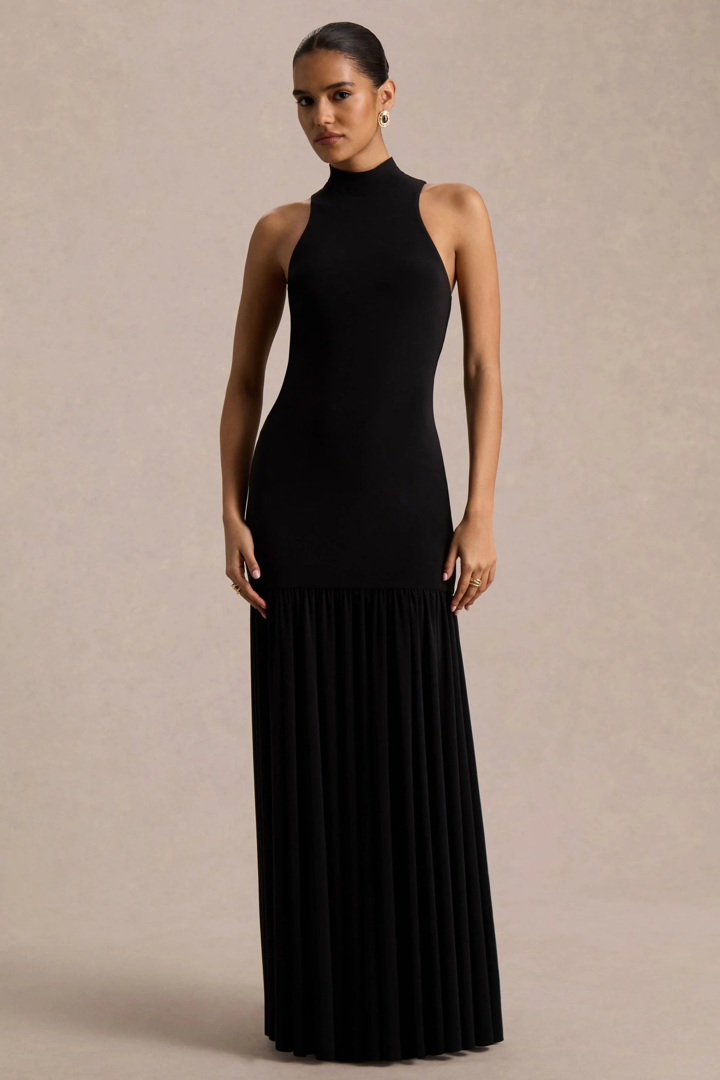 Tasmin Black High-Neck Maxi Dress With Drop-Waist