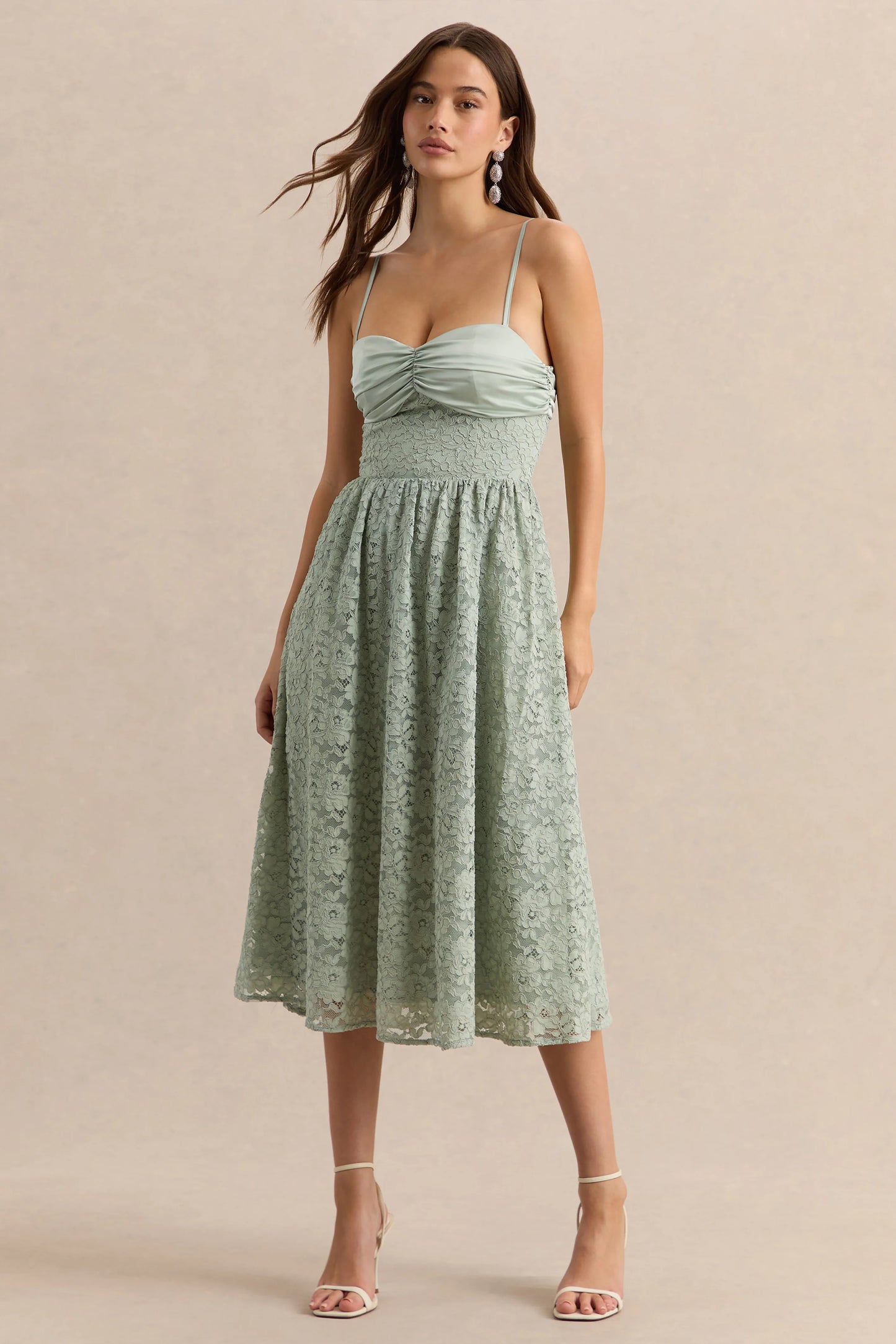 Gloriana Sage Lace Sweetheart-Neck Midi Dress