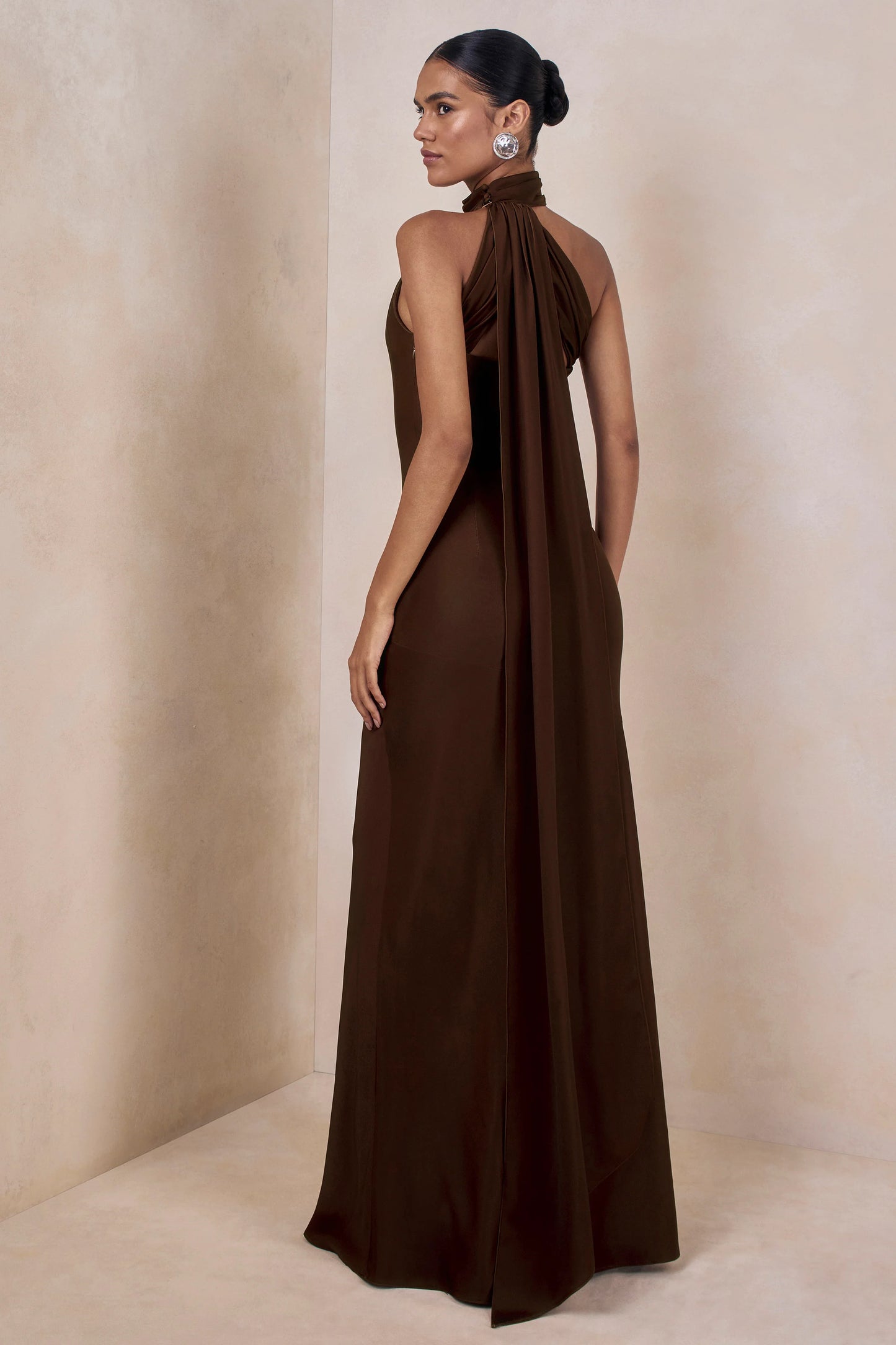 Cara Brown Matte Satin High-Neck Maxi Dress