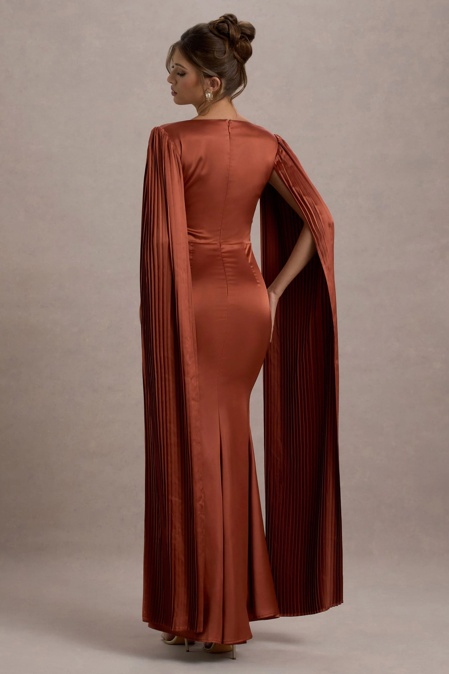 Saloma Rust Satin Square-Neck Maxi Dress With Cape Sleeves