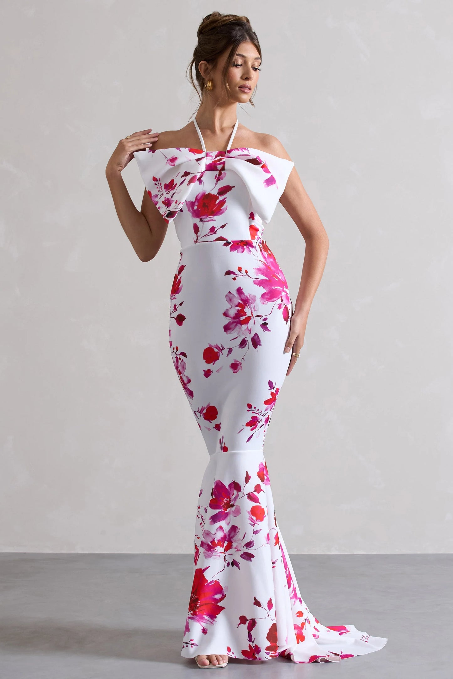 Sakura Pink Floral Print Halter-Neck Fishtail Maxi Dress With Bow