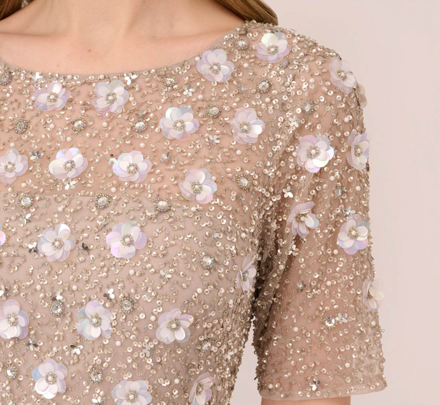 Long Hand Beaded 3D Floral Dress With Elbow Sleeves In Marble