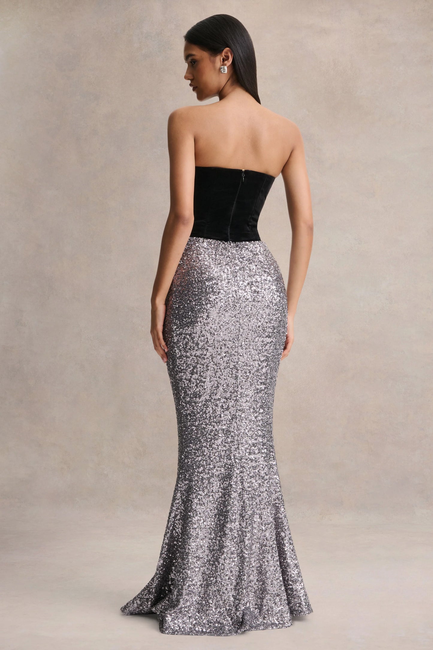 Aeris Black Velvet And Silver Sequin Plunge-Neck Maxi Dress