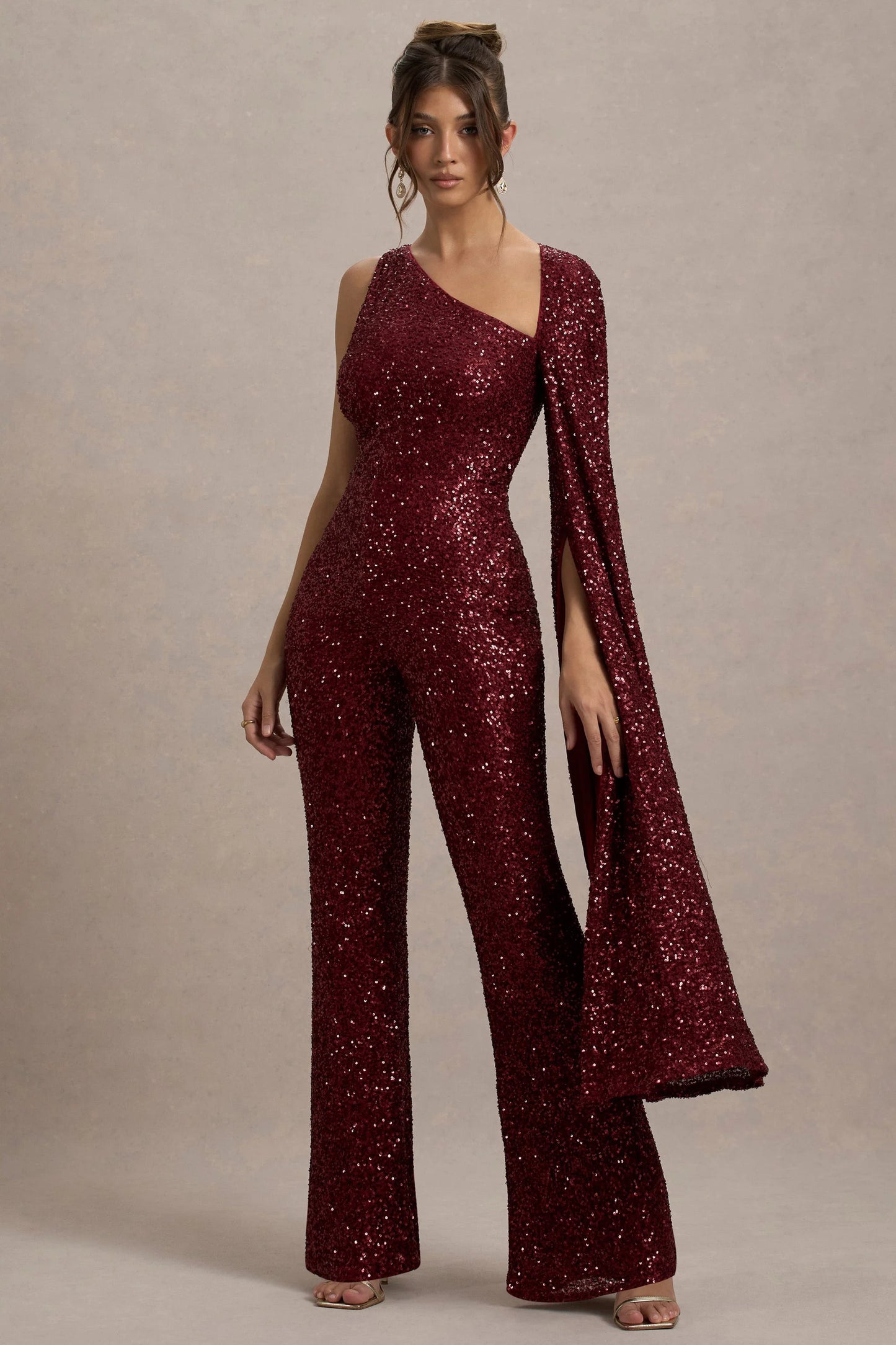 Star Seeker Port Sequin One-Shoulder Cape Sleeve Jumpsuit