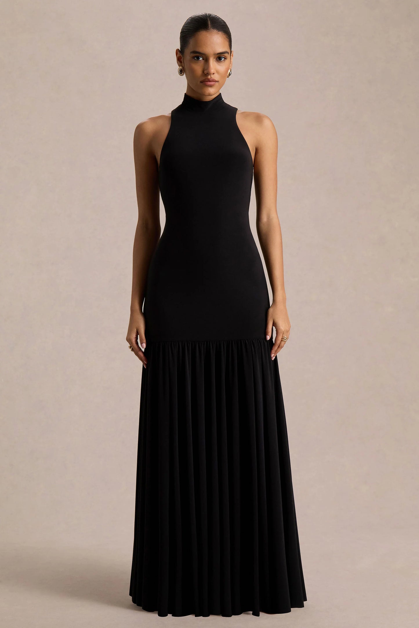 Tasmin Black High-Neck Maxi Dress With Drop-Waist