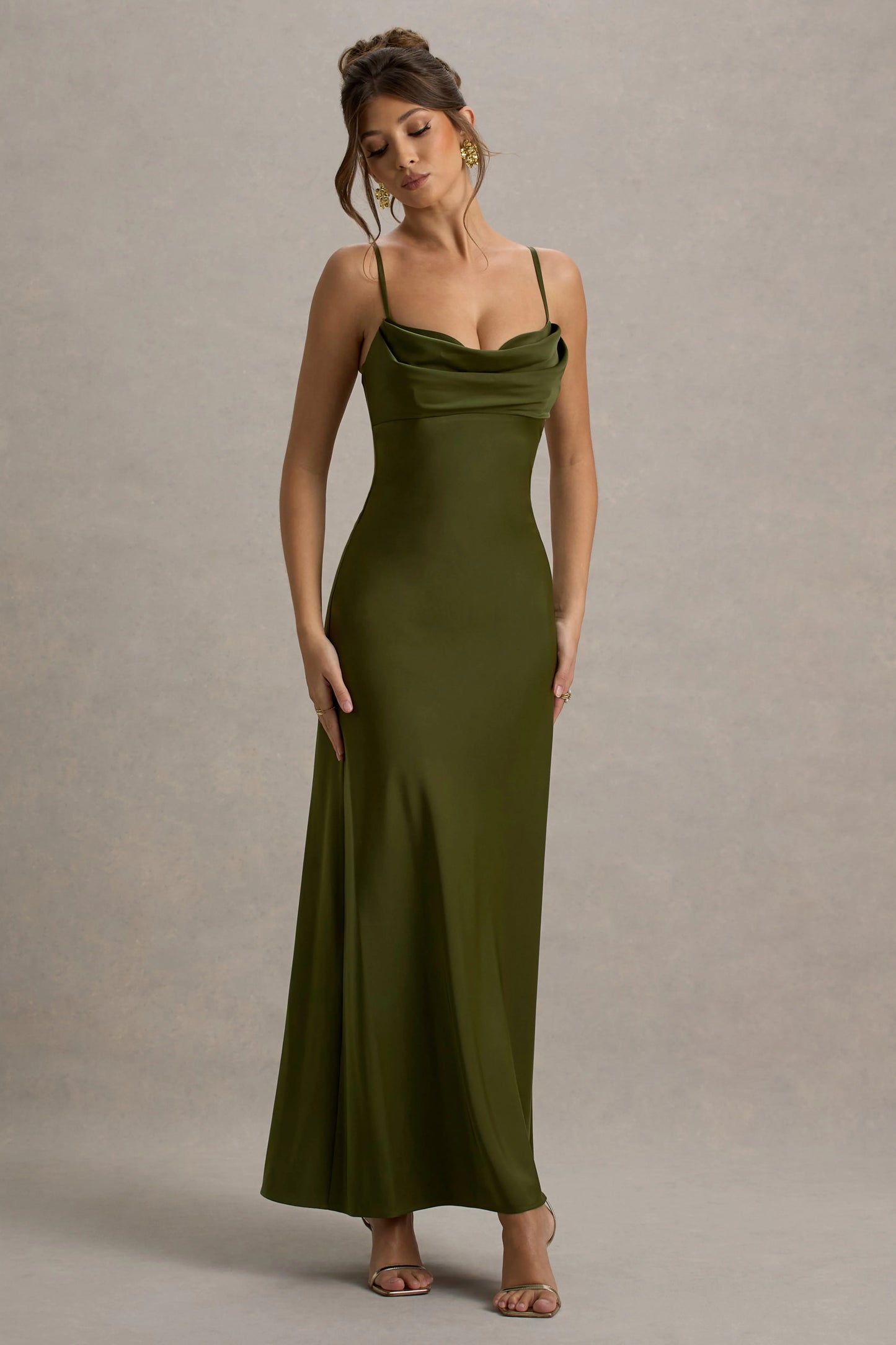 Eimear Olive Green Satin Draped Sweetheart Maxi Dress
