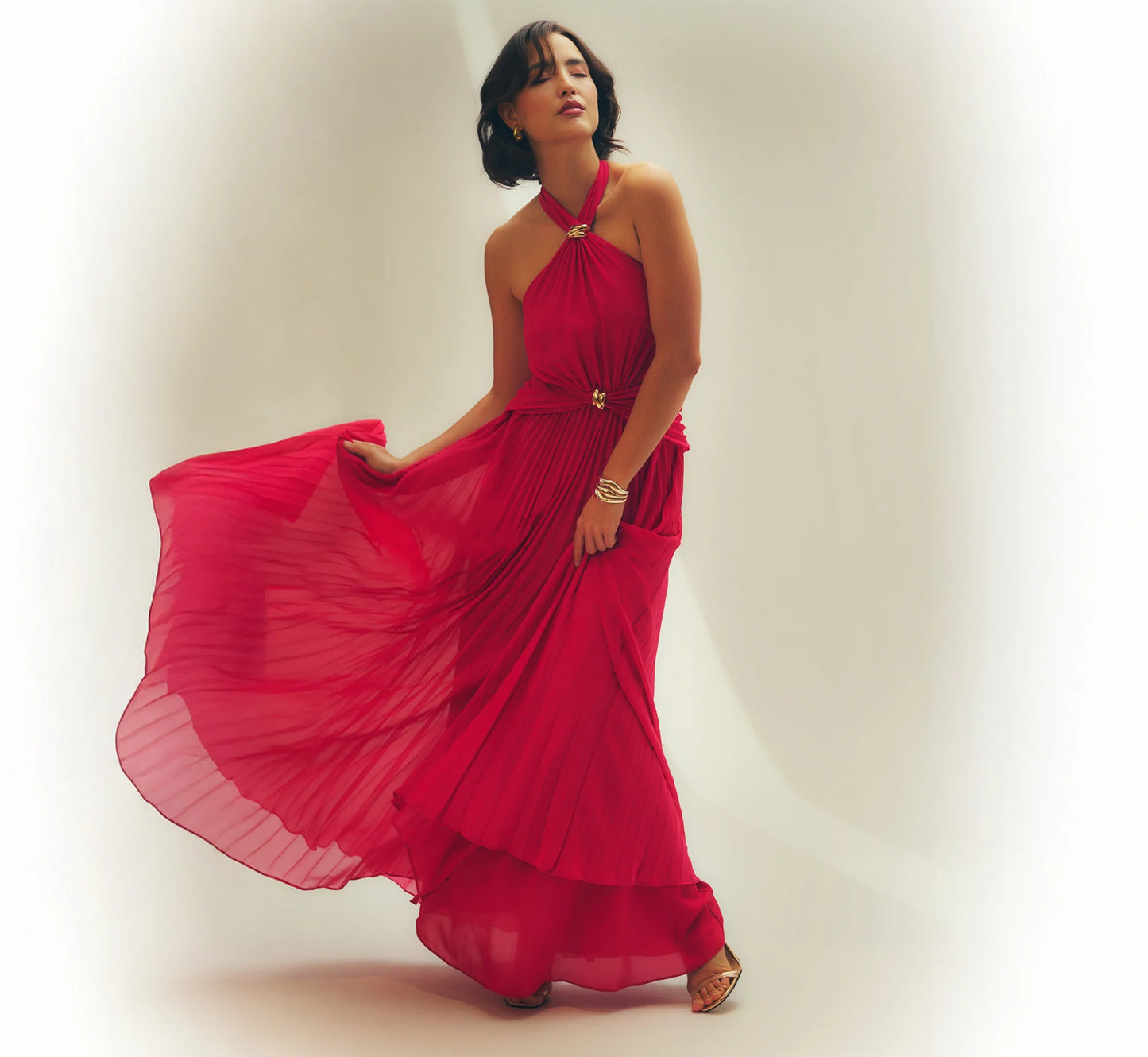 Pleated Chiffon Hardware Halter Gown In Pink Cherry
