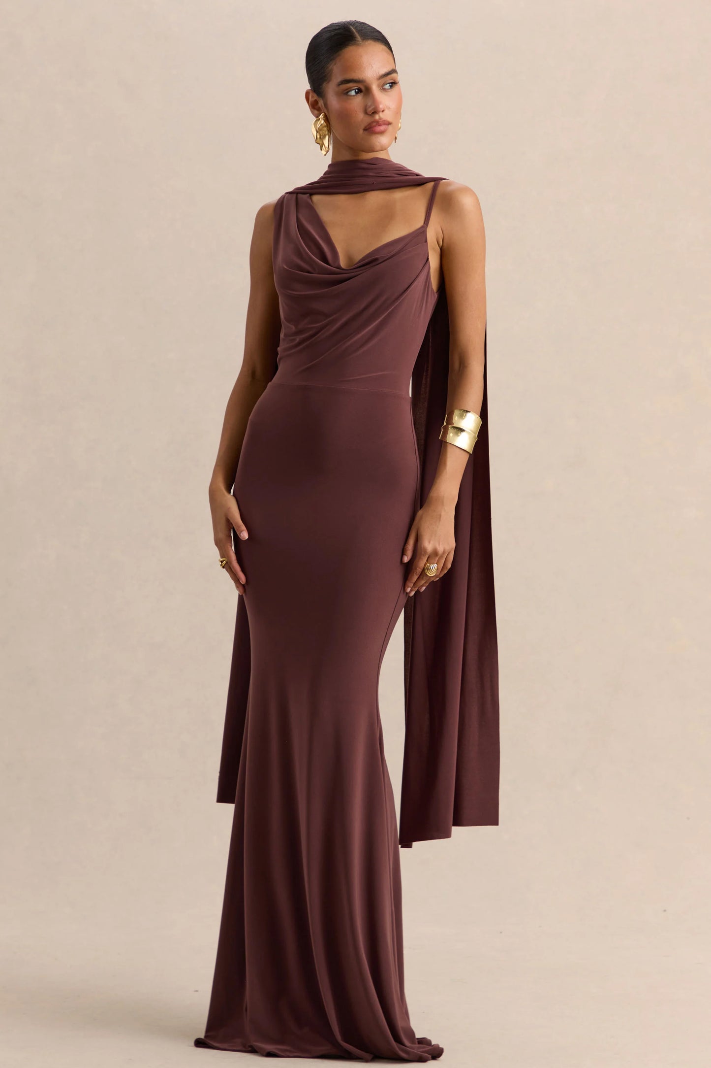 Armelia Brown Cowl-Neck Maxi Dress With Scarf-Detail