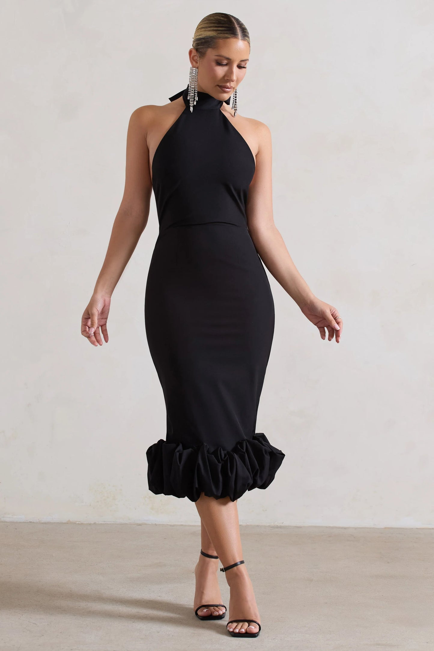Ashton Black High-Neck Midi Dress With Ruffle Hem