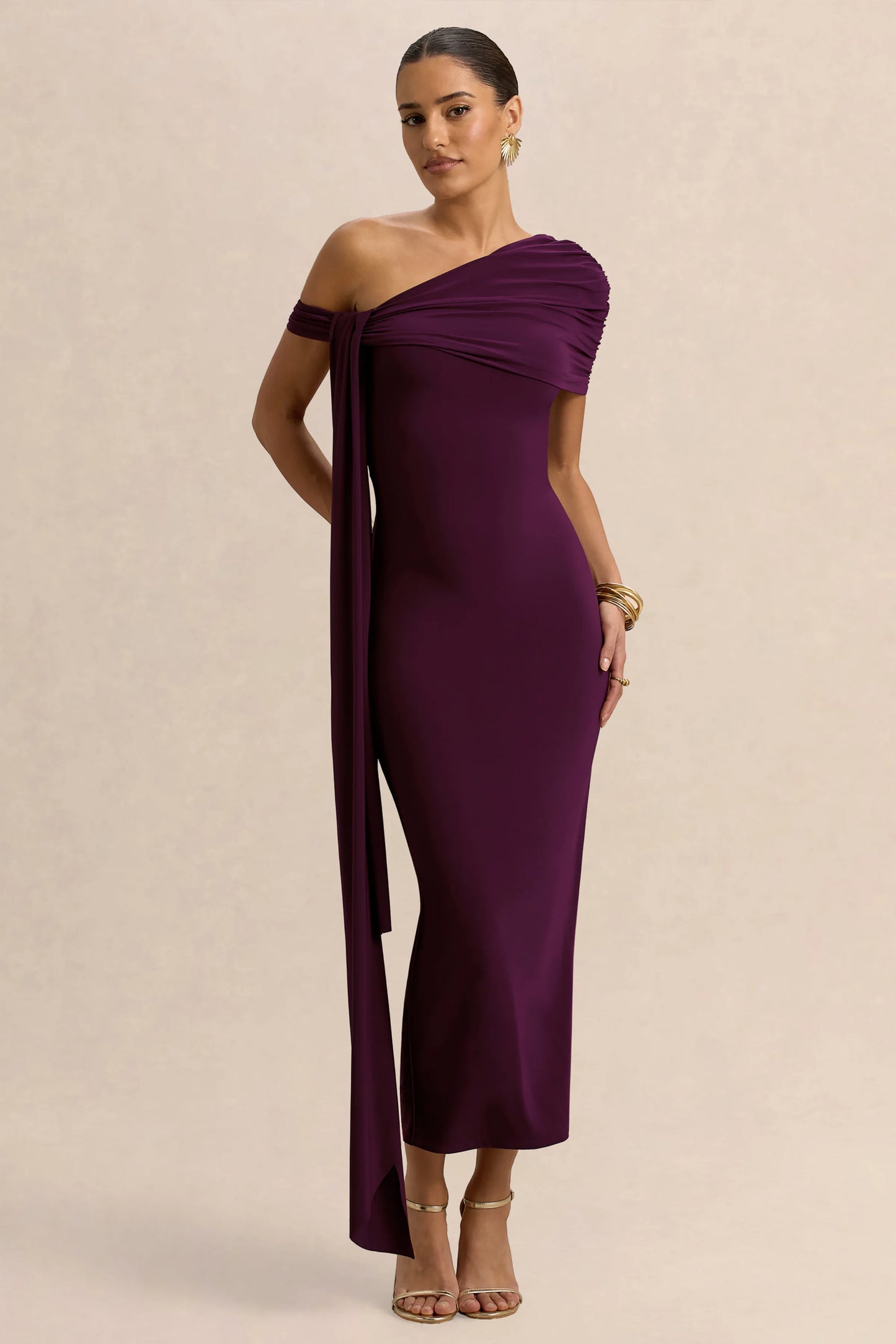 Praia Plum Asymmetric-Neck Midi Dress With Sash and Draped Detailing