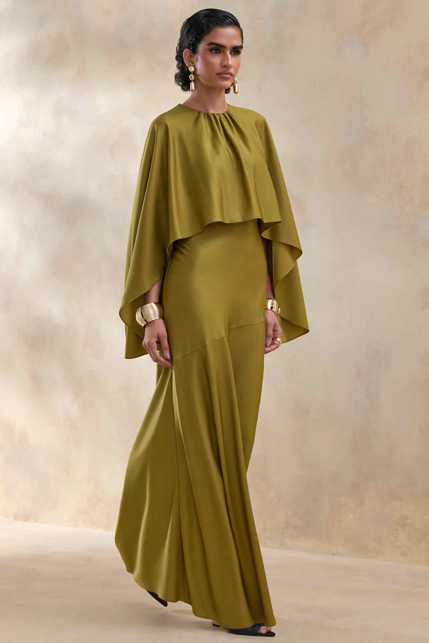Vanthea Olive Satin Round-Neck Maxi Dress With Cape-Sleeves