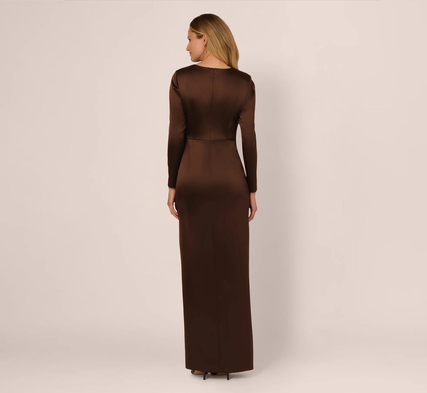 Long Sleeve Satin Bow Gown In Chocolate