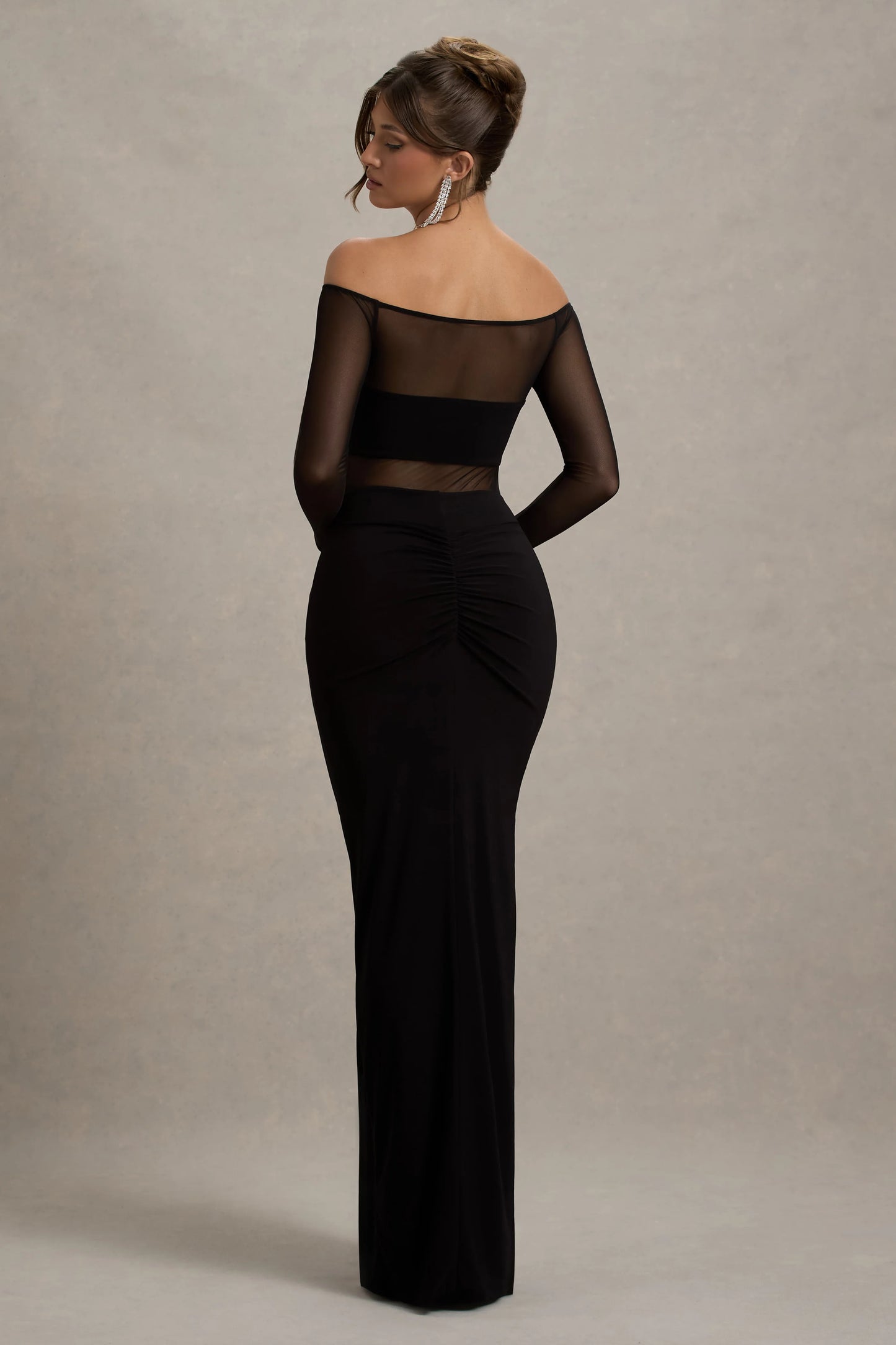 Cover Star Black Mesh Bardot Long-Sleeve Draped Maxi Dress