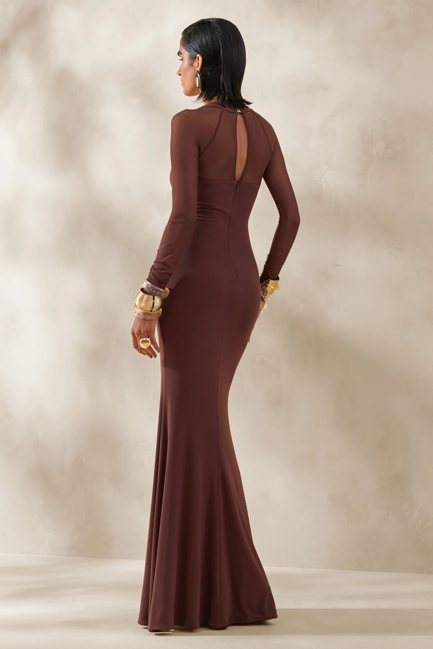 Renalia Brown Square-Neck Maxi Dress With Mesh Long-Sleeves