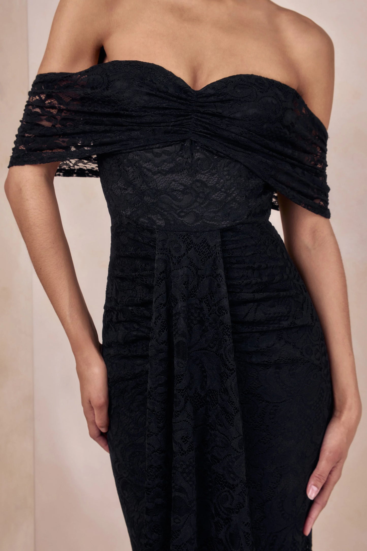 Aries Black Lace Bardot-Neck Maxi Dress With Gathered Detailing