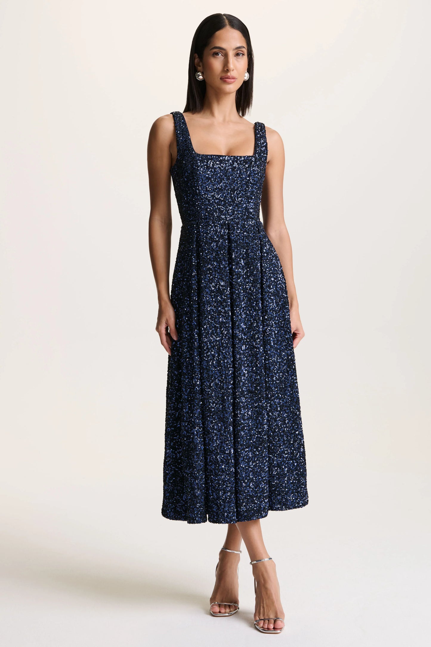 Lima Navy Sequin Square-Neck A-Line Midi Dress