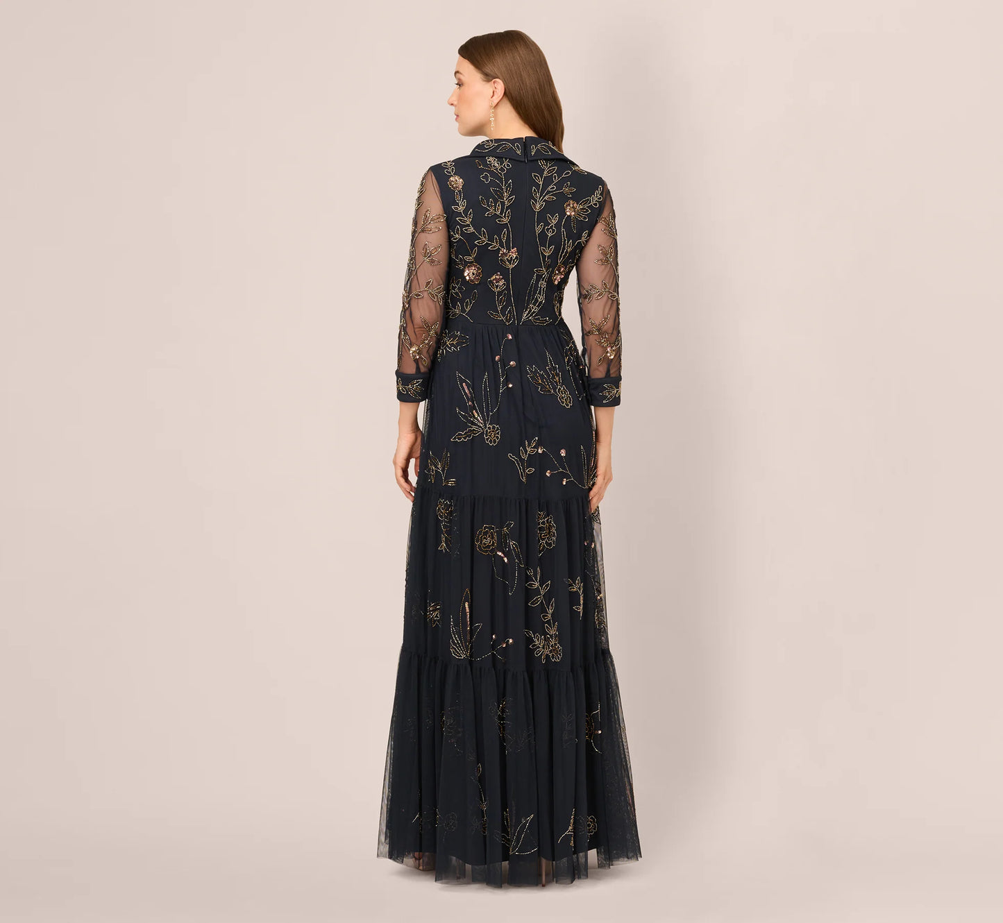 Three Quarter Sleeve Collared Floral Beaded Gown In Midnight Multi