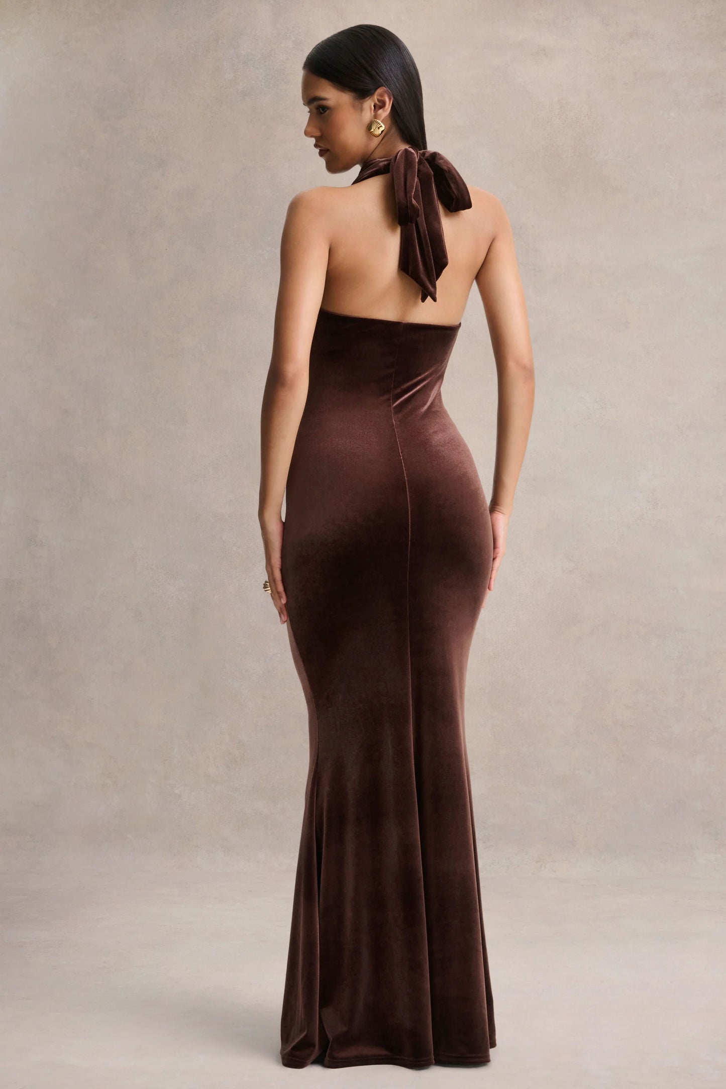 Lavernia Brown Velvet Halter-Neck Maxi Dress With Gathered-Detailing